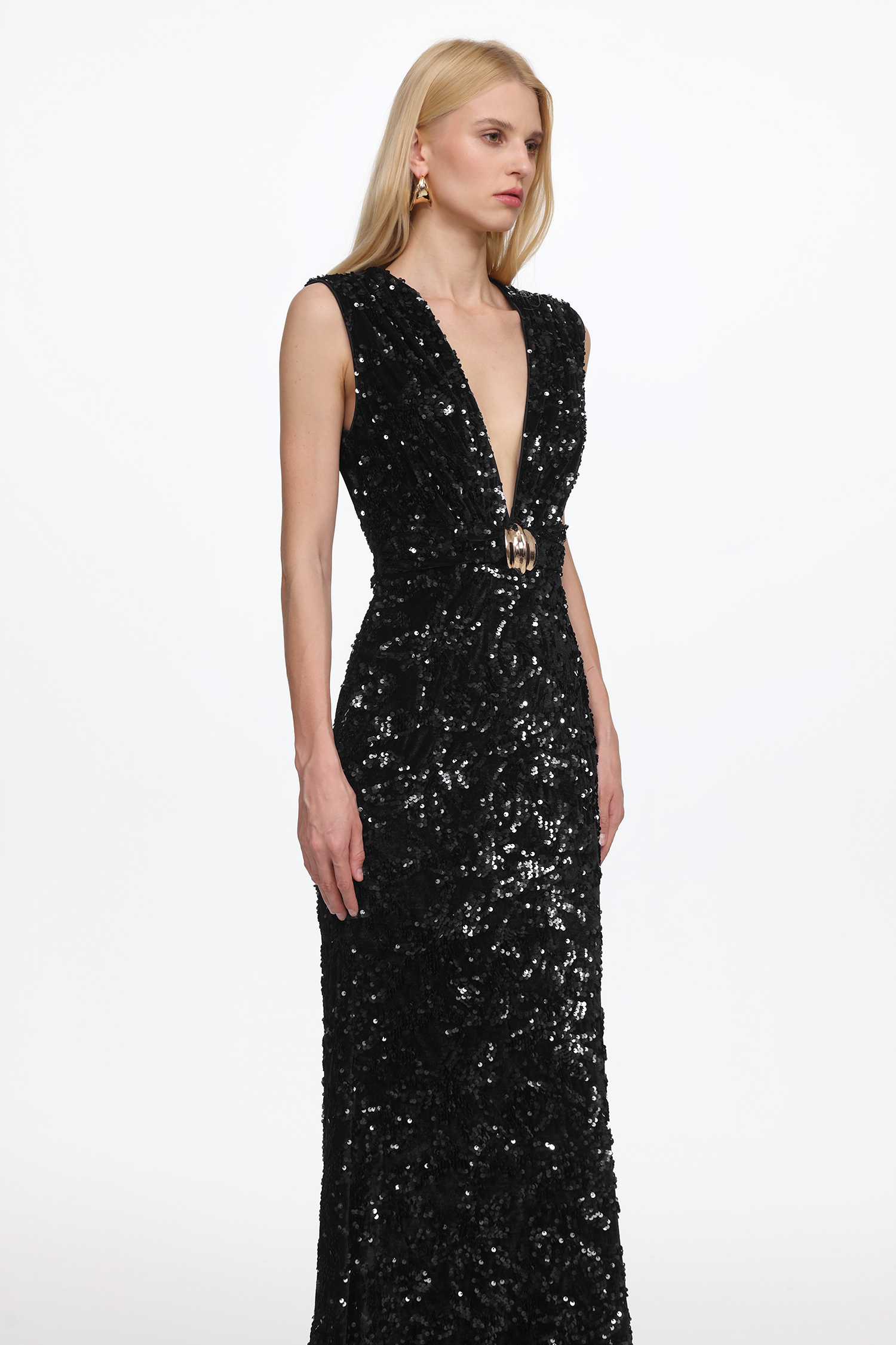 Chic Contour Sleeveless Deep V Metal Buckle Sequin Velvet Maxi Dress