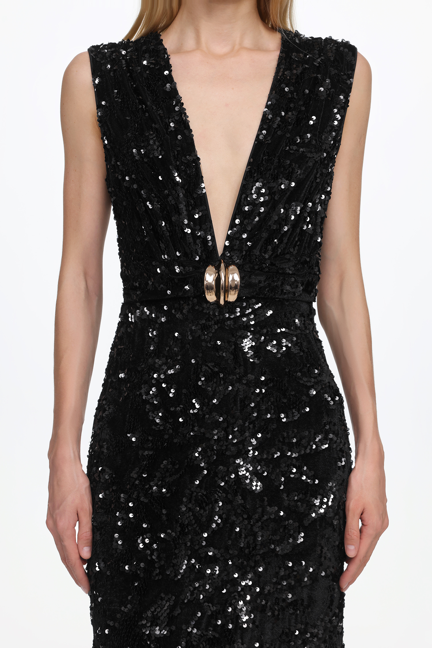 Chic Contour Sleeveless Deep V Metal Buckle Sequin Velvet Maxi Dress