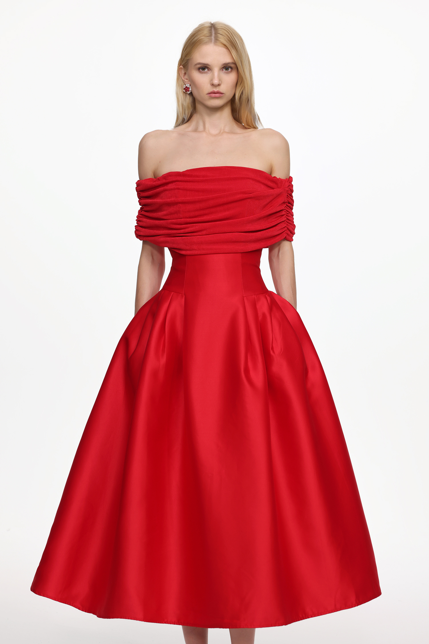 Lape Romantic Tailored Off Shoulder Ruched Maxi Dress