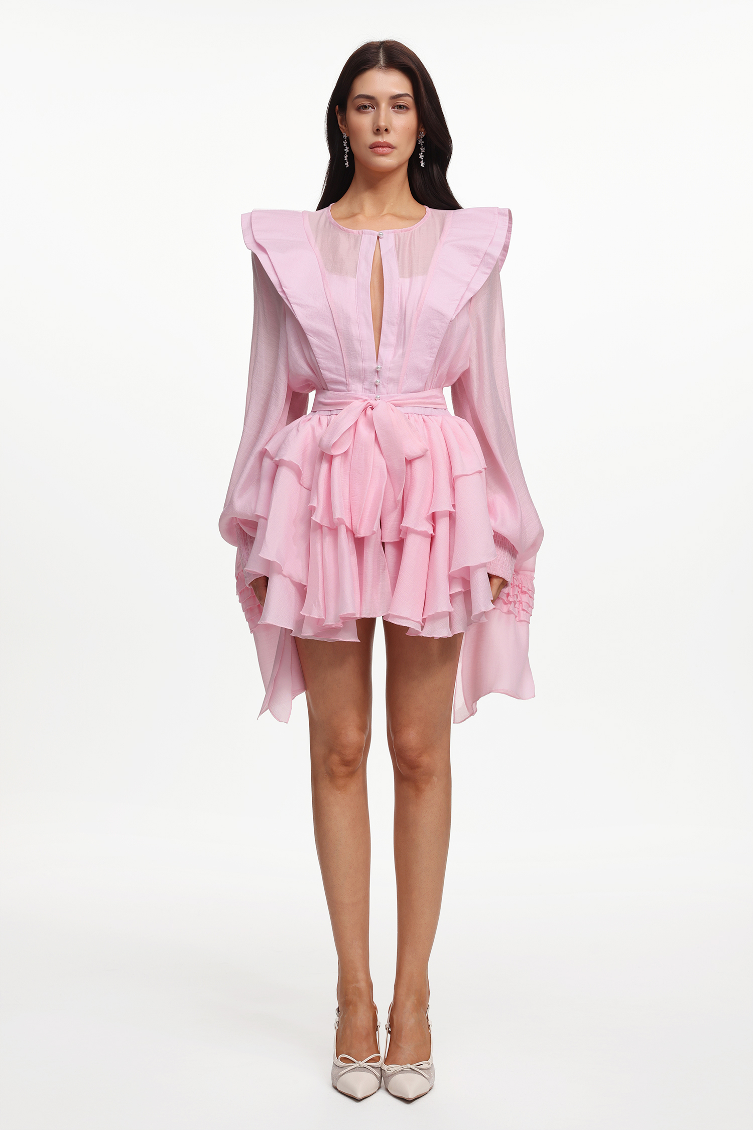 Ruth Resort Flowy Long Sleeve Ruffle Woven Mini Dress