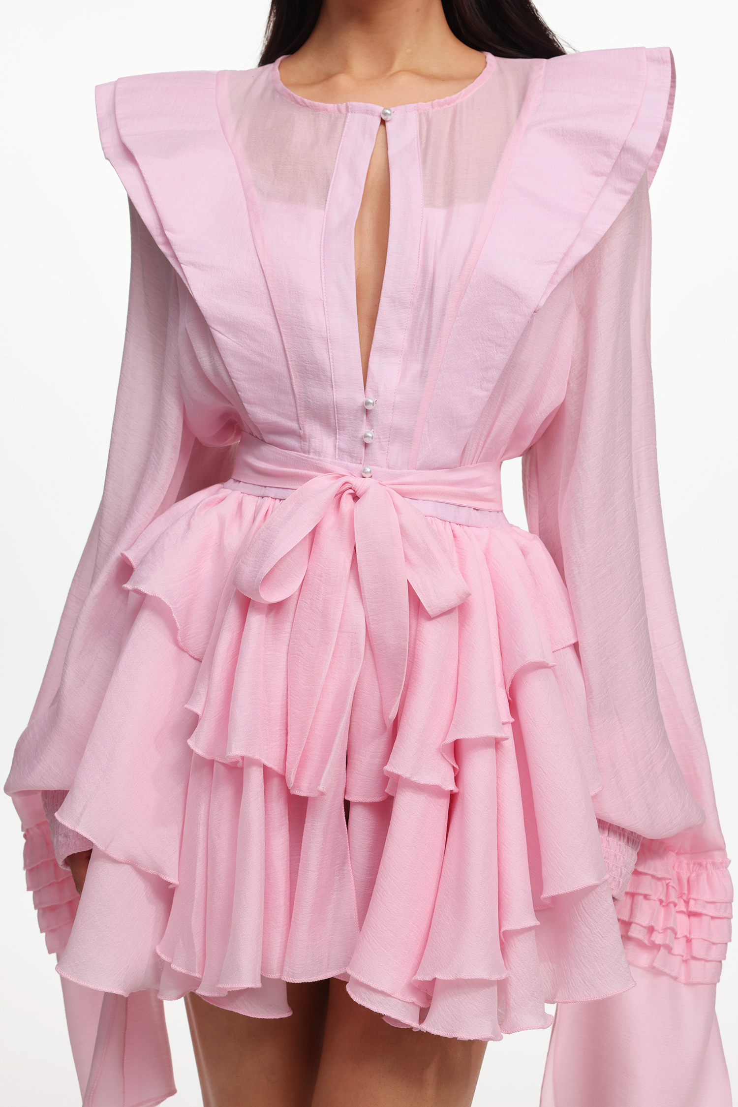 Ruth Resort Flowy Long Sleeve Ruffle Woven Mini Dress