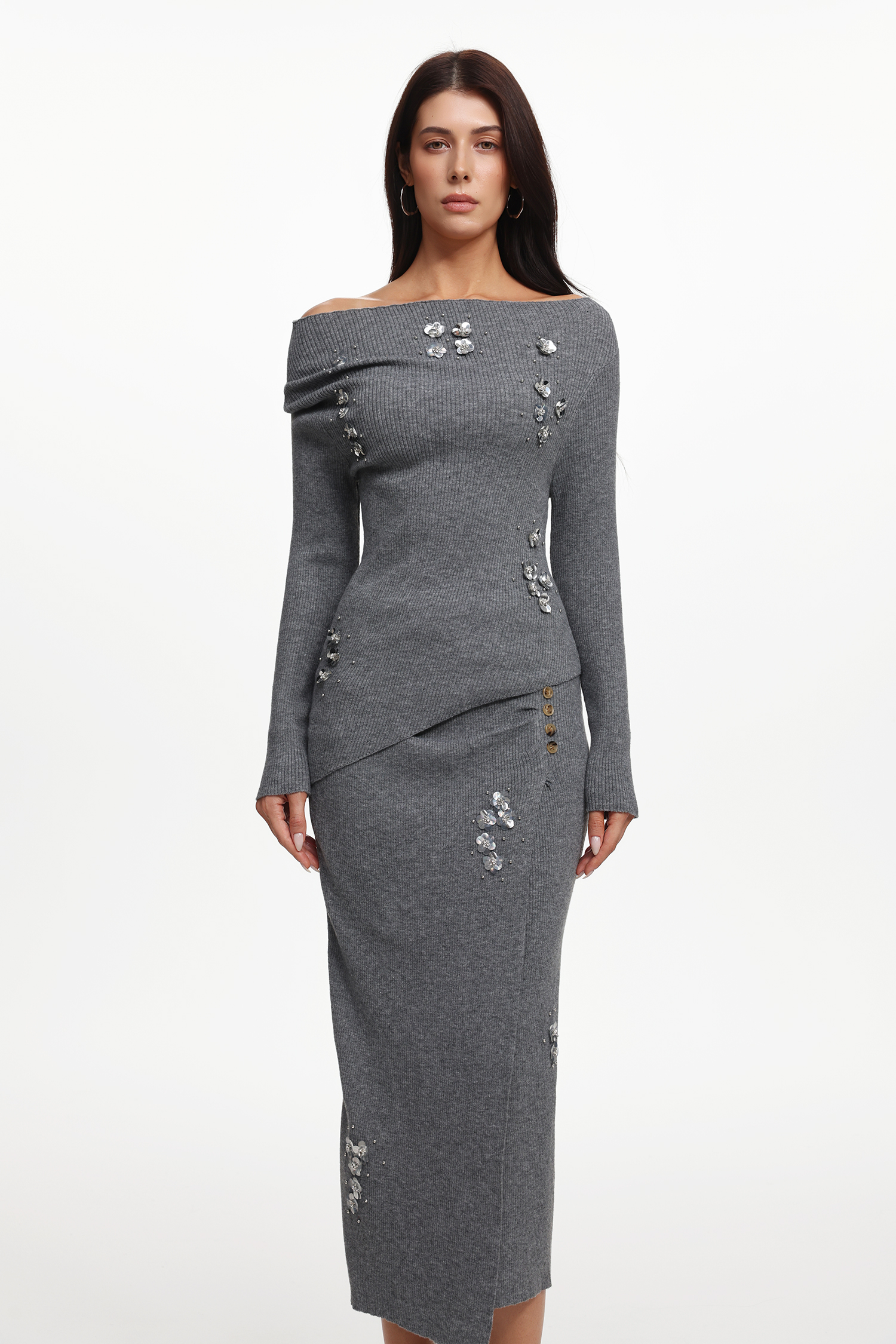 Sliya Elegant Embellished Off Shoulder Long Sleeve Sequin Floral Knit Top And Skirt Two-Piece Set