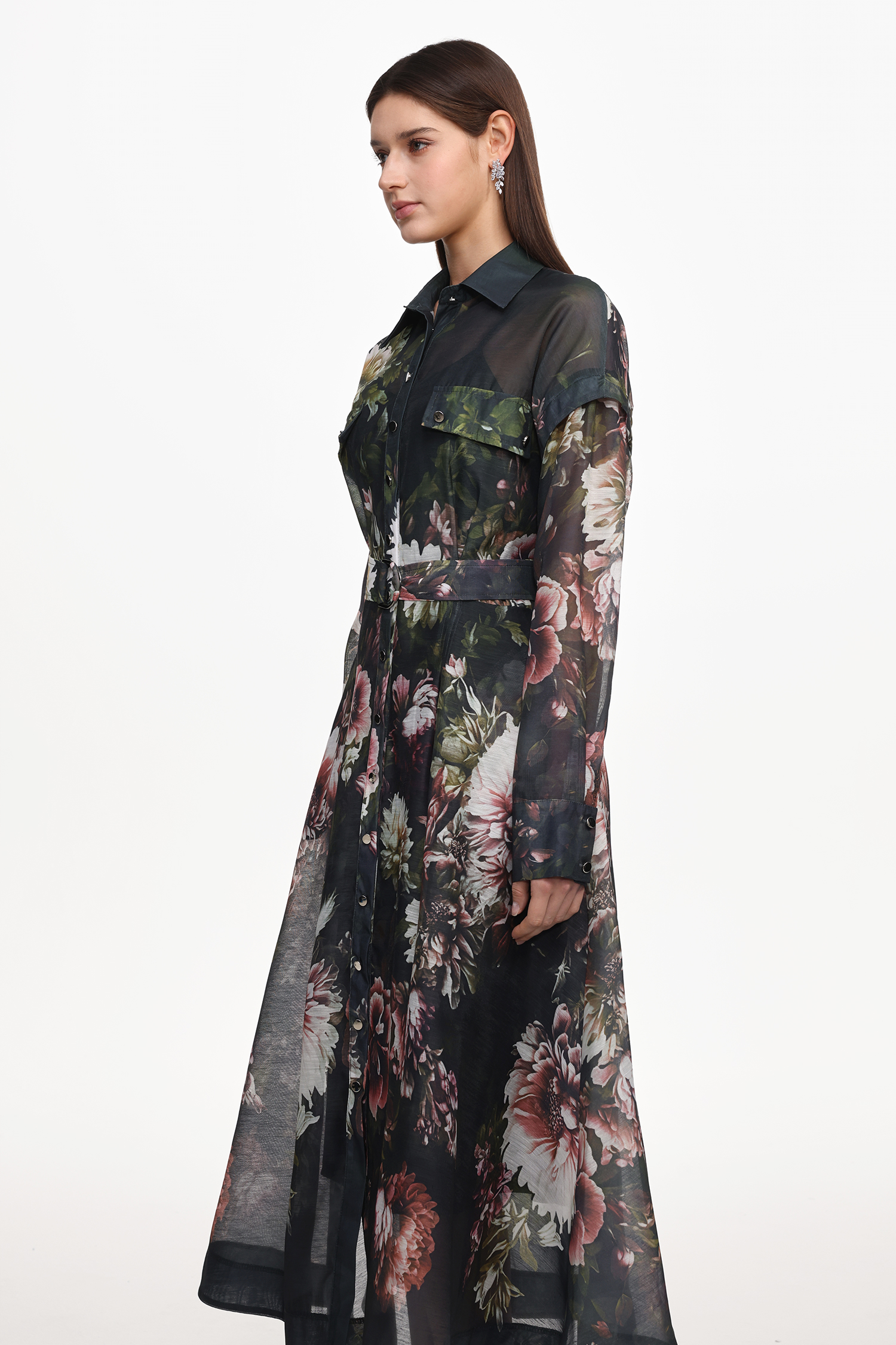 Frida Elegant Flowy Long Sleeve Floral Print Woven Black Maxi Dress