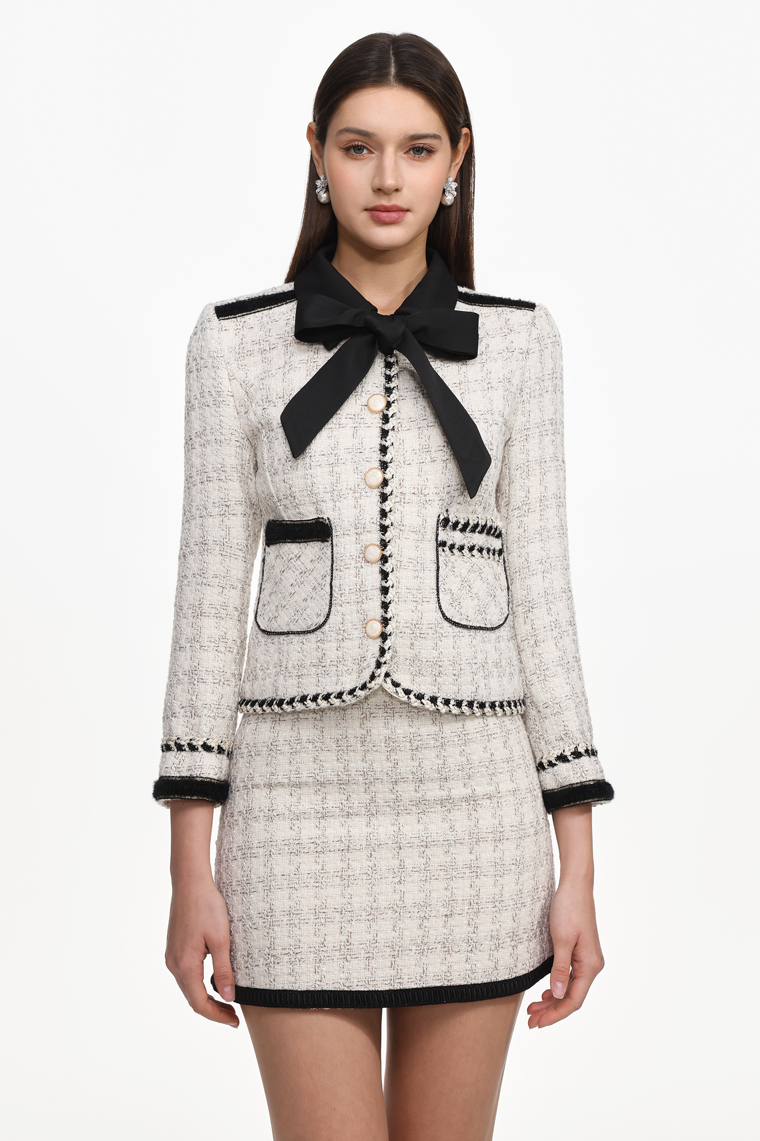 Zambezi Classic Tailored Long Sleeve Bow Tweed Top And Skirt Set