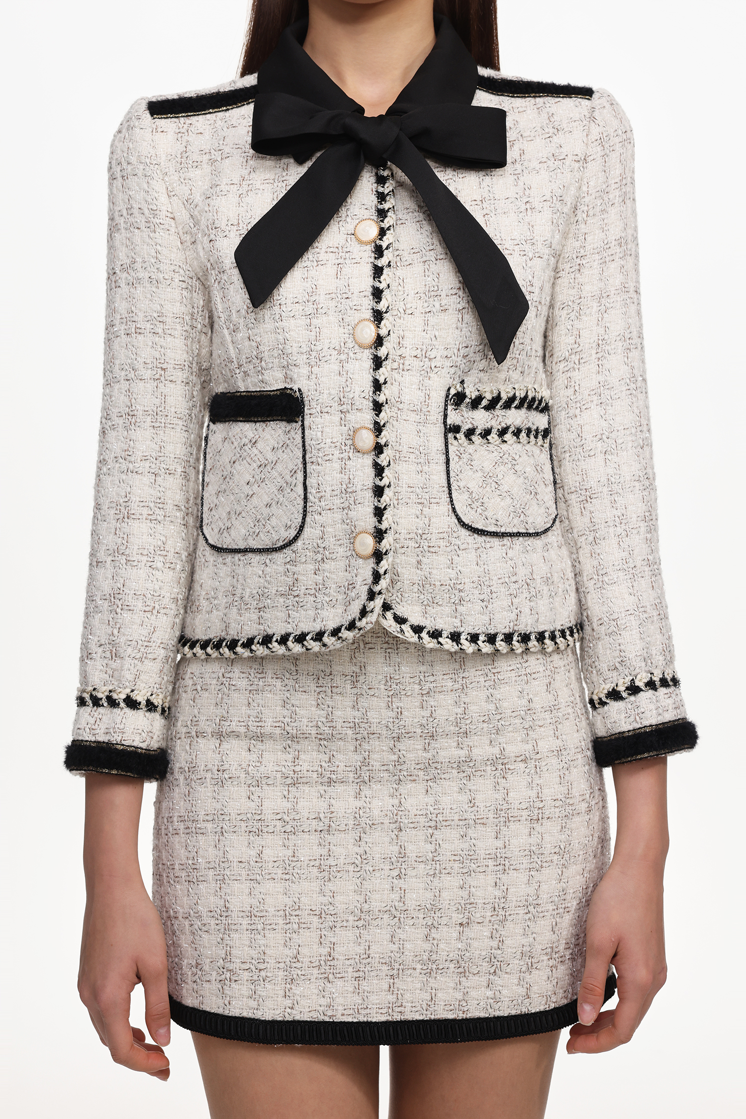 Zambezi Classic Tailored Long Sleeve Bow Tweed Top And Skirt Set