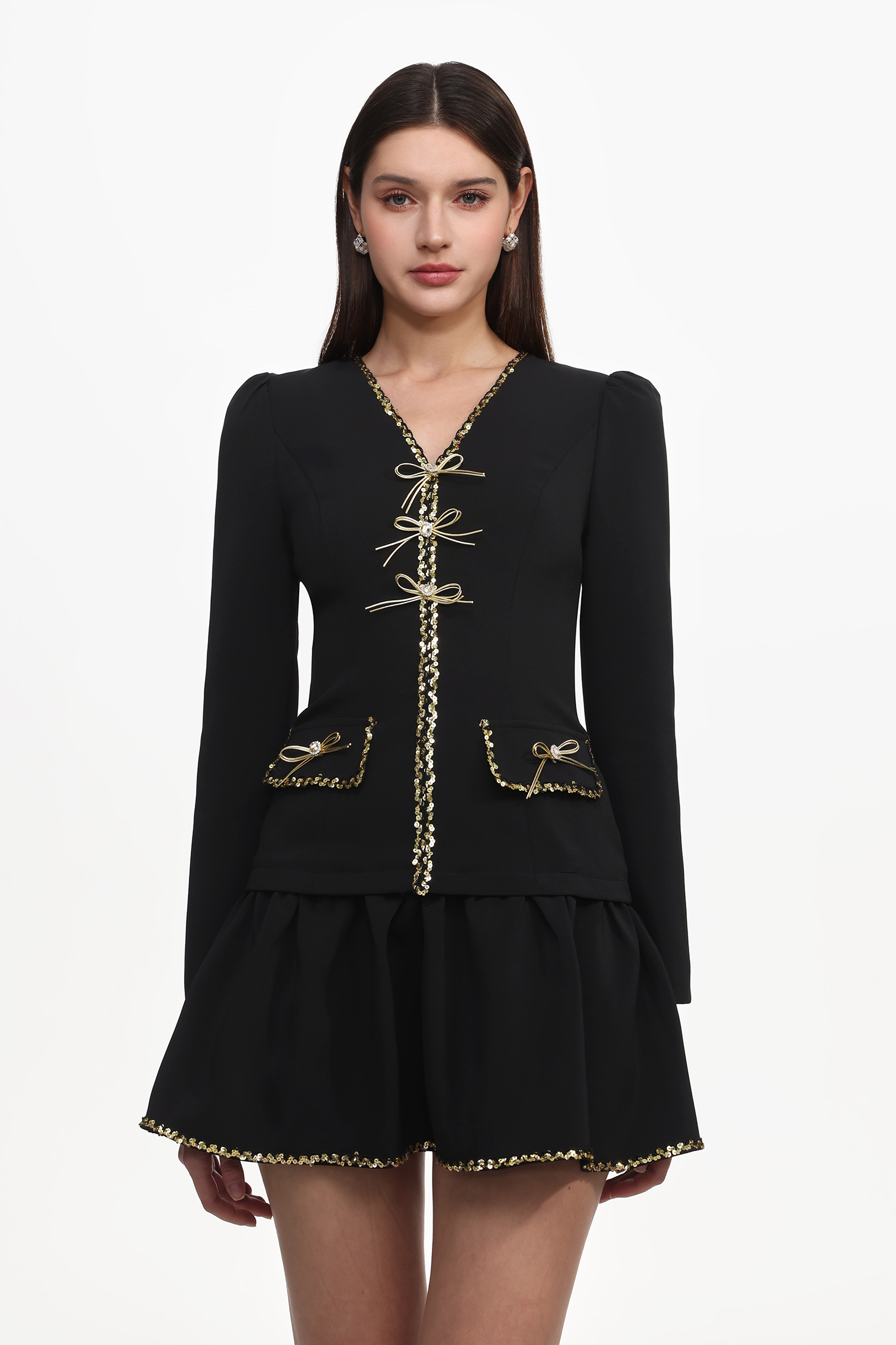 Winnie Chic Tailored V Neck Long Sleeve Gold-Trimmed Bow Ruffle Woven Mini Dress