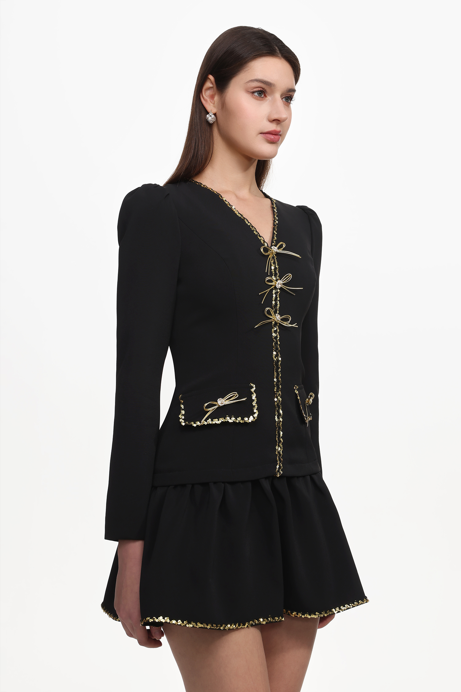 Winnie Chic Tailored V Neck Long Sleeve Gold-Trimmed Bow Ruffle Woven Mini Dress