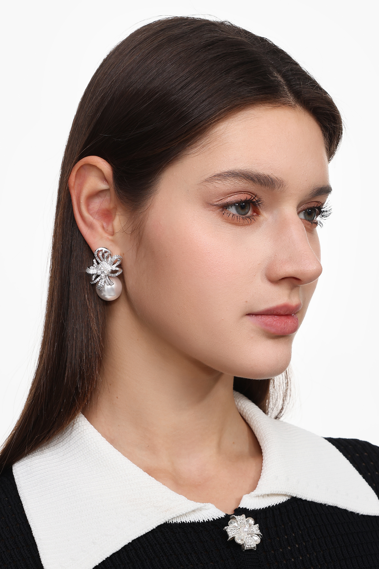 Yette Diamond Flower Bow Pearl Earrings