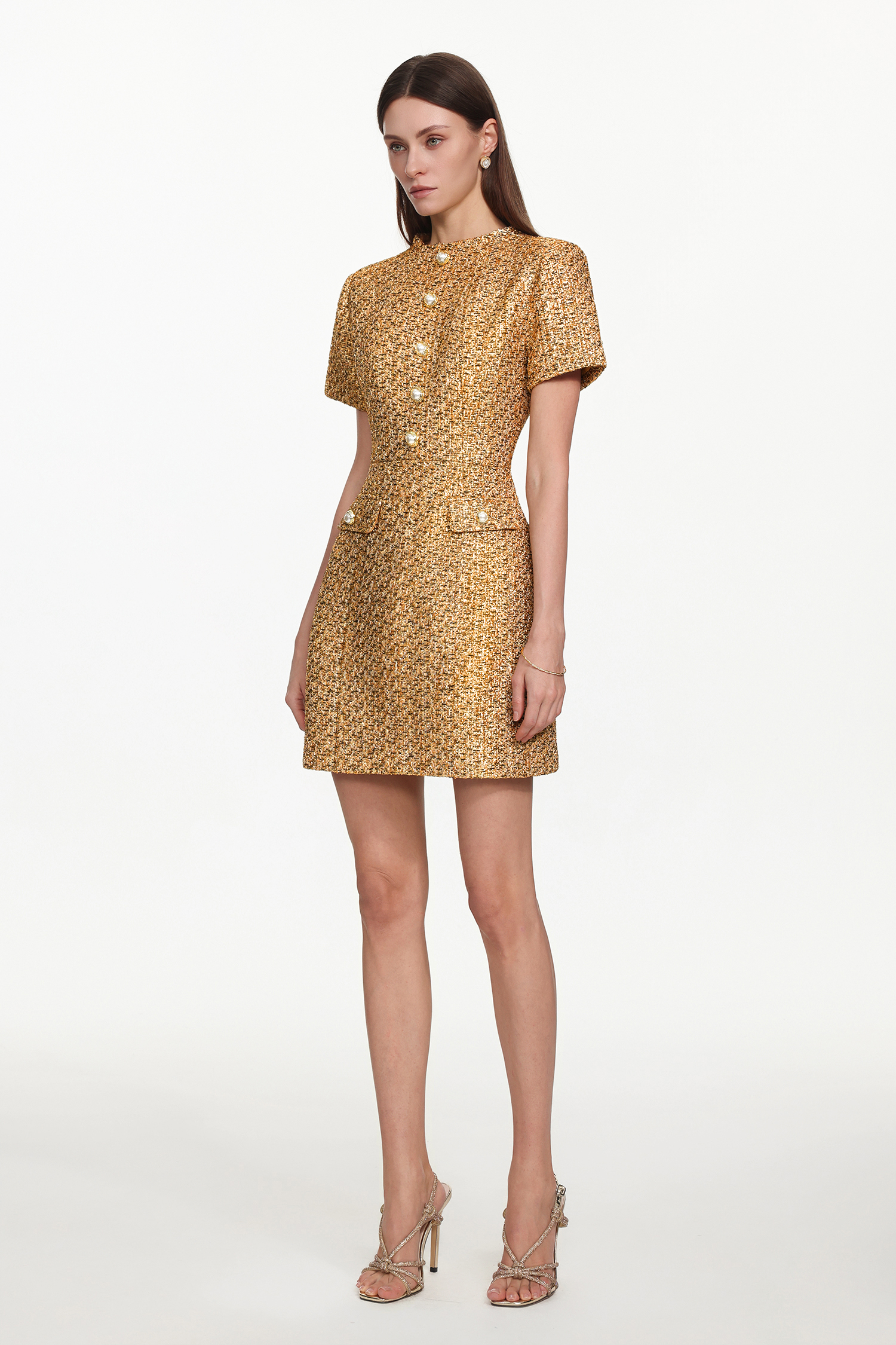 Vlafa Glamorous Tailored Short Sleeve Buttoned Tweed Mini Dress