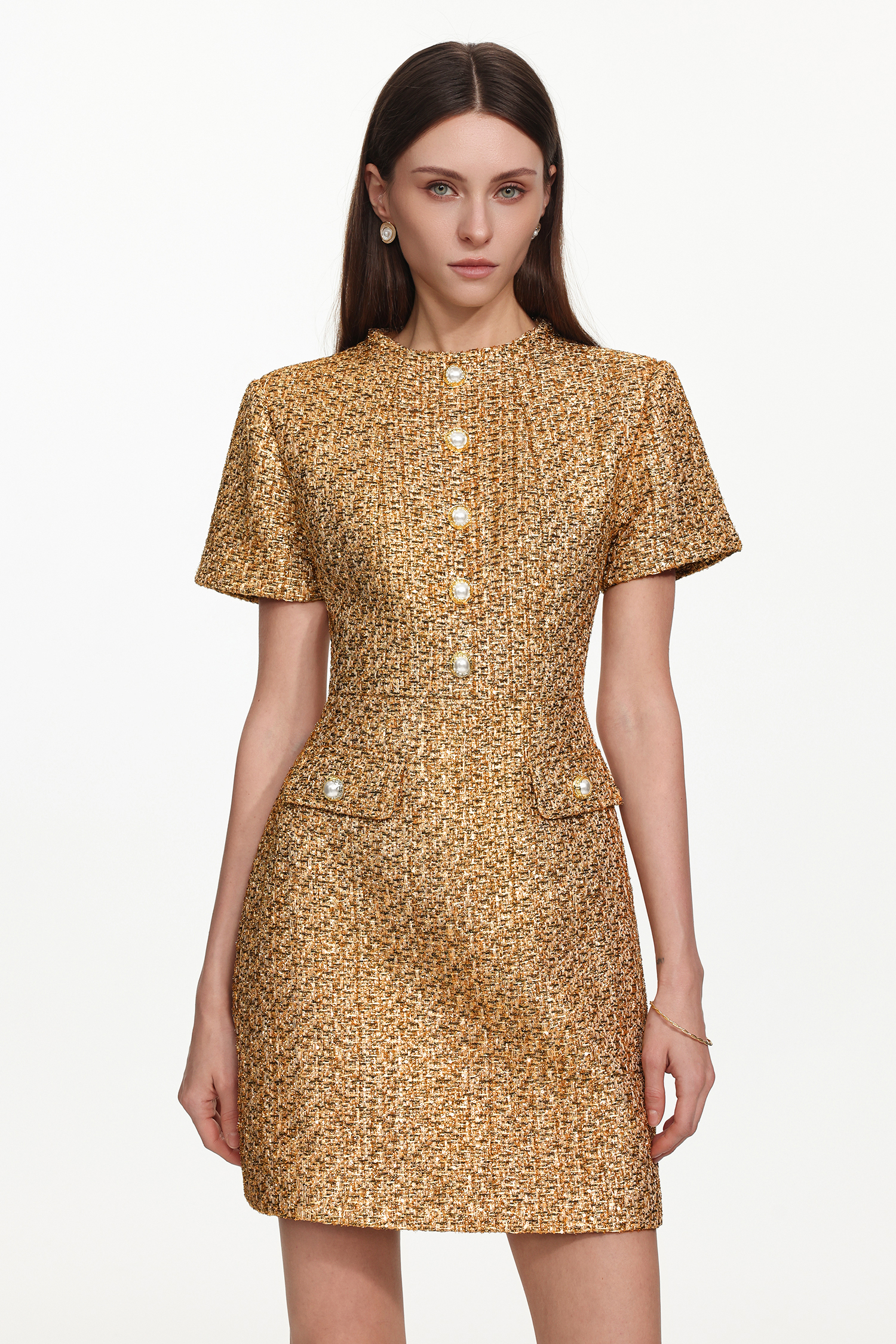 Vlafa Glamorous Tailored Short Sleeve Buttoned Tweed Mini Dress