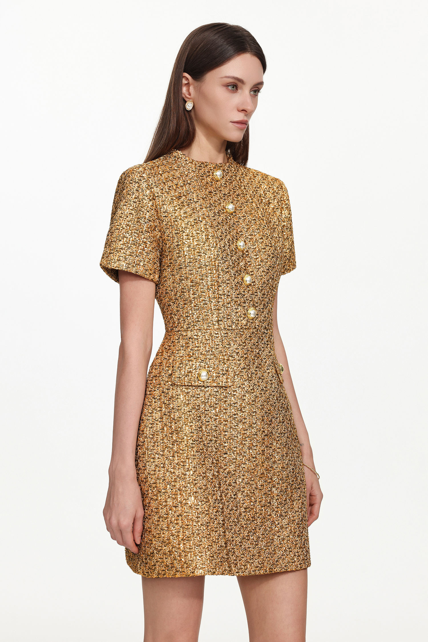 Vlafa Glamorous Tailored Short Sleeve Buttoned Tweed Mini Dress