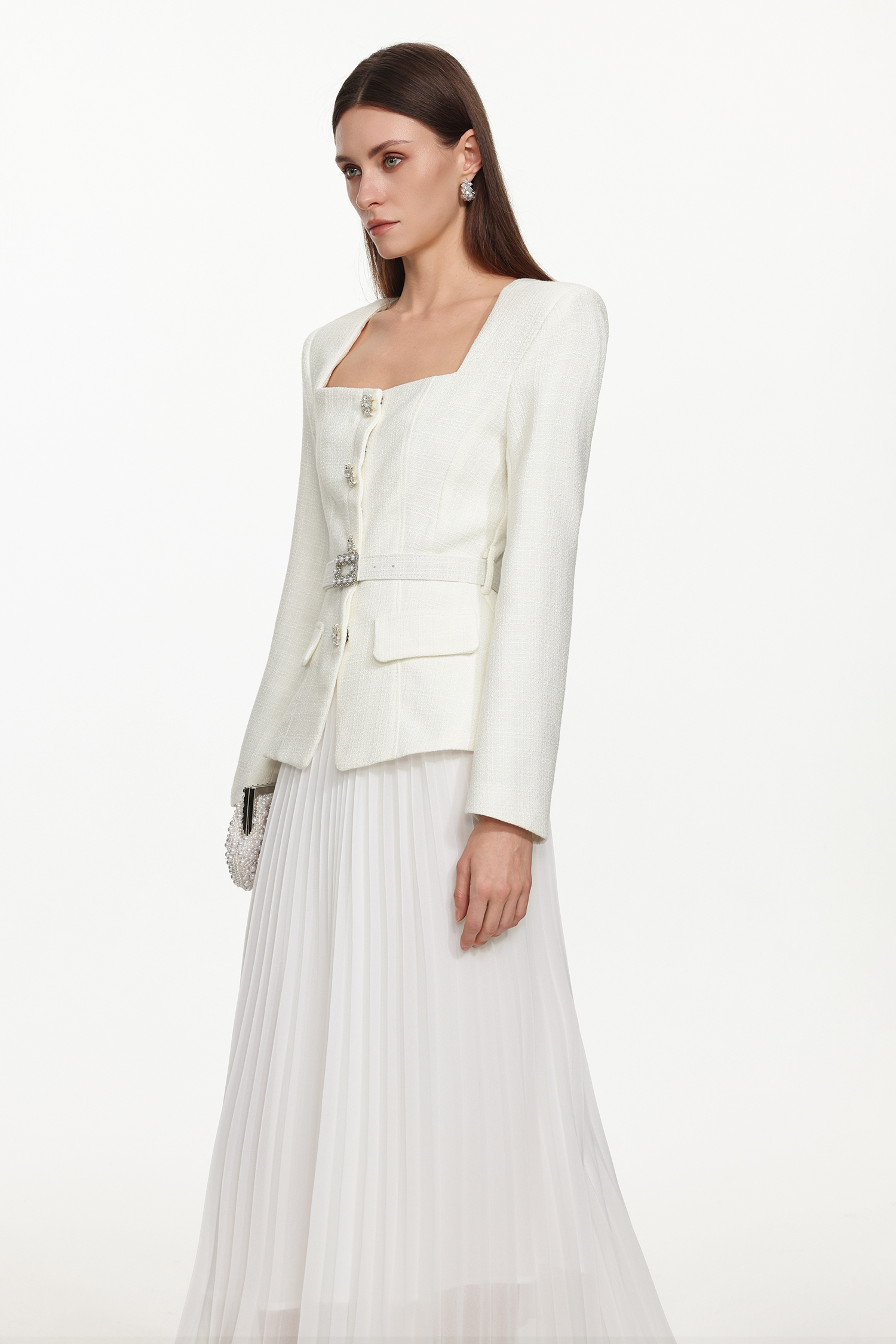 Eleni Elegant Tailored Square Neck Long Sleeve Buttoned Jacket and Skirt Set