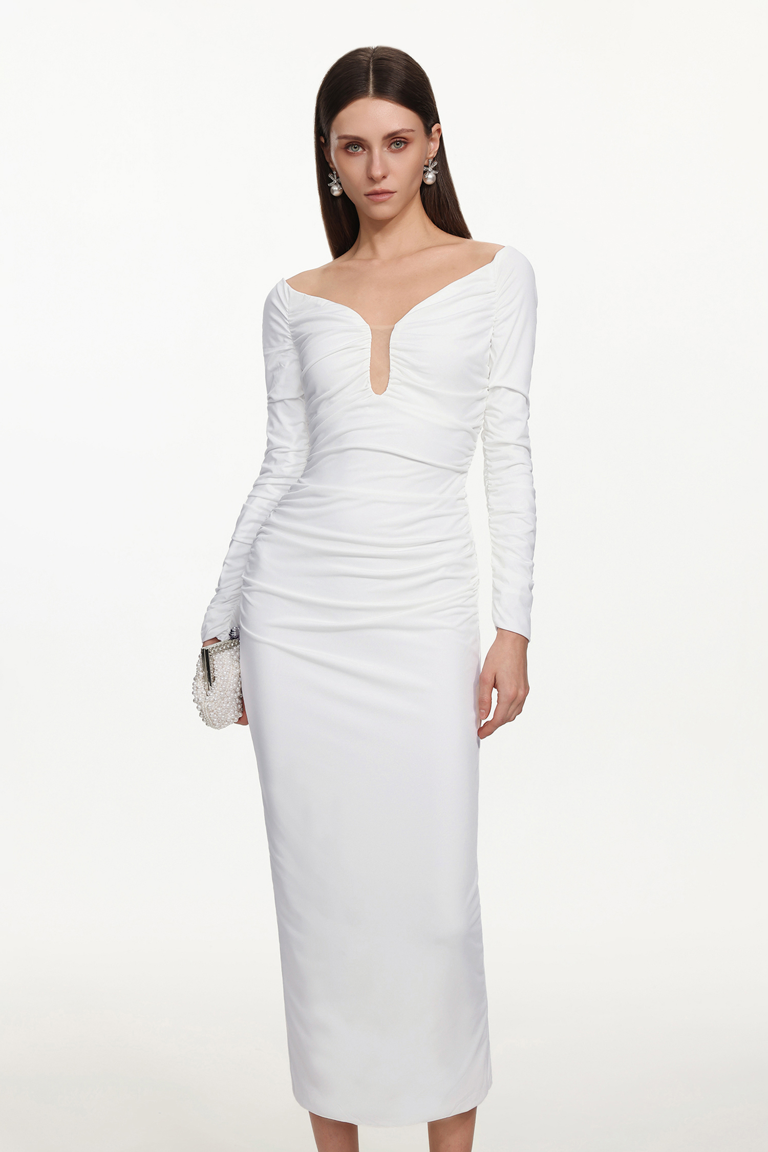 Gala Chic Contour Off Shoulder Long Sleeve Ruched Maxi Dress