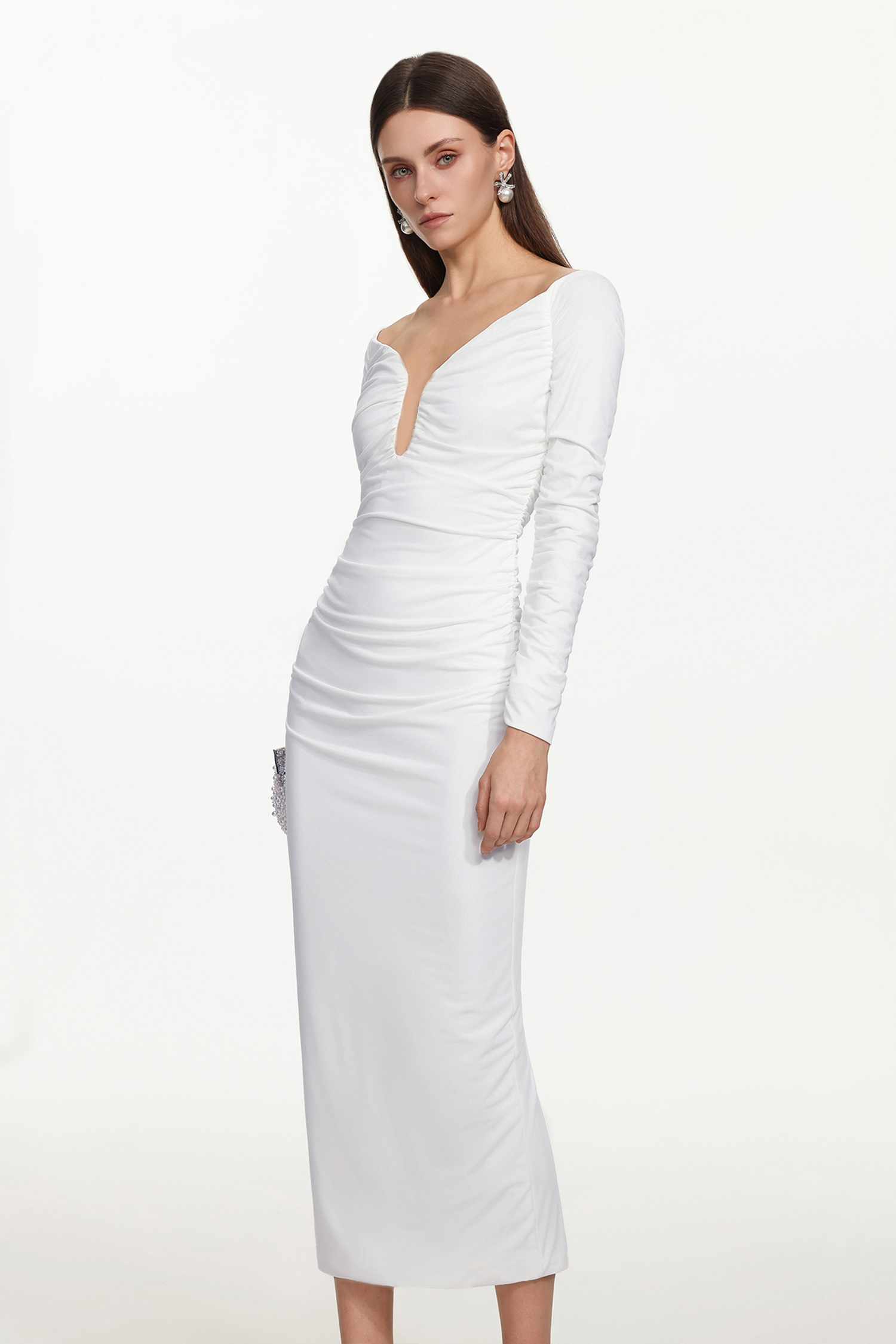 Gala Chic Contour Off Shoulder Long Sleeve Ruched Maxi Dress