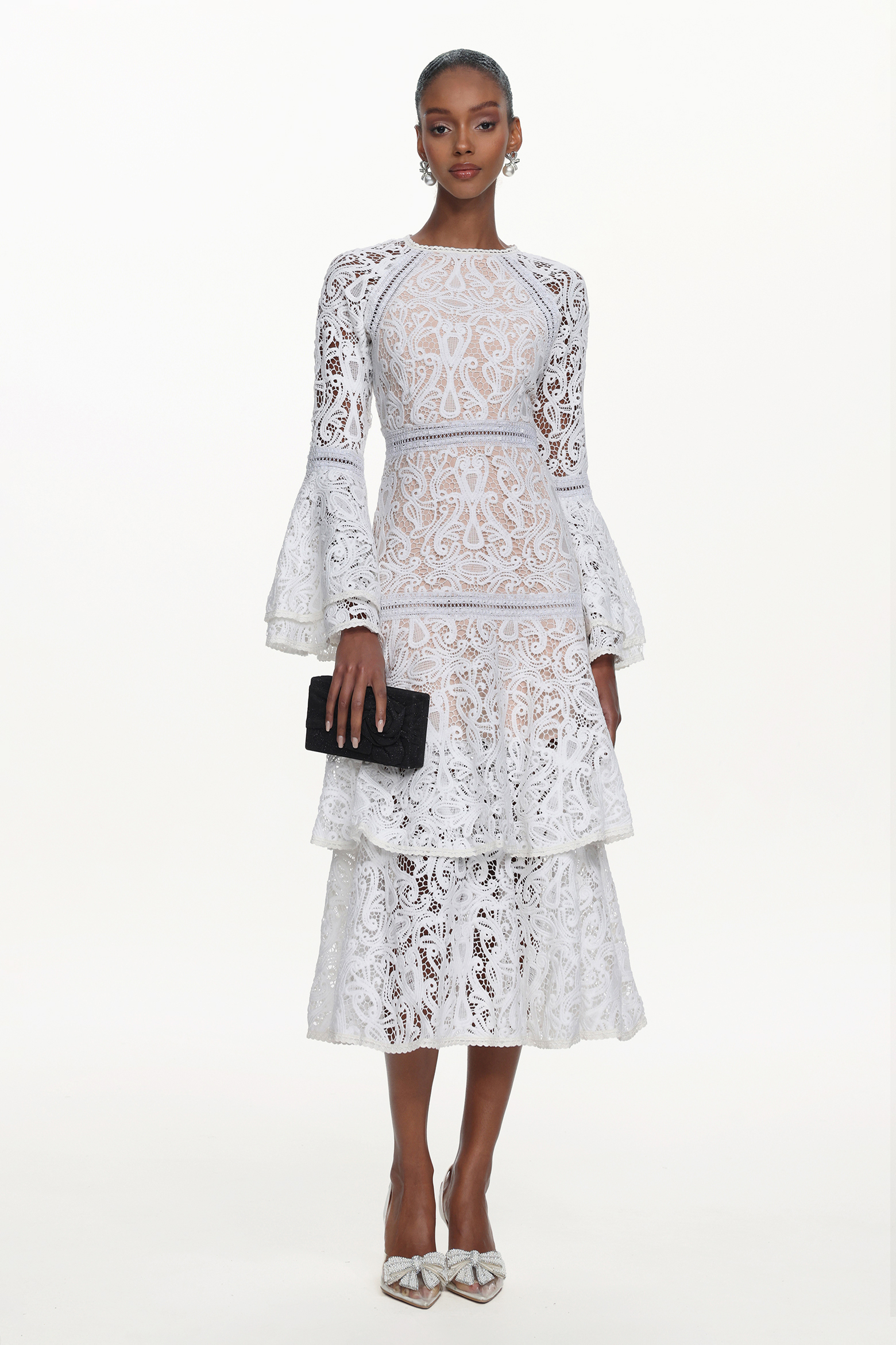 Kosala Elegant Flowy Long Sleeve Lace Maxi Dress