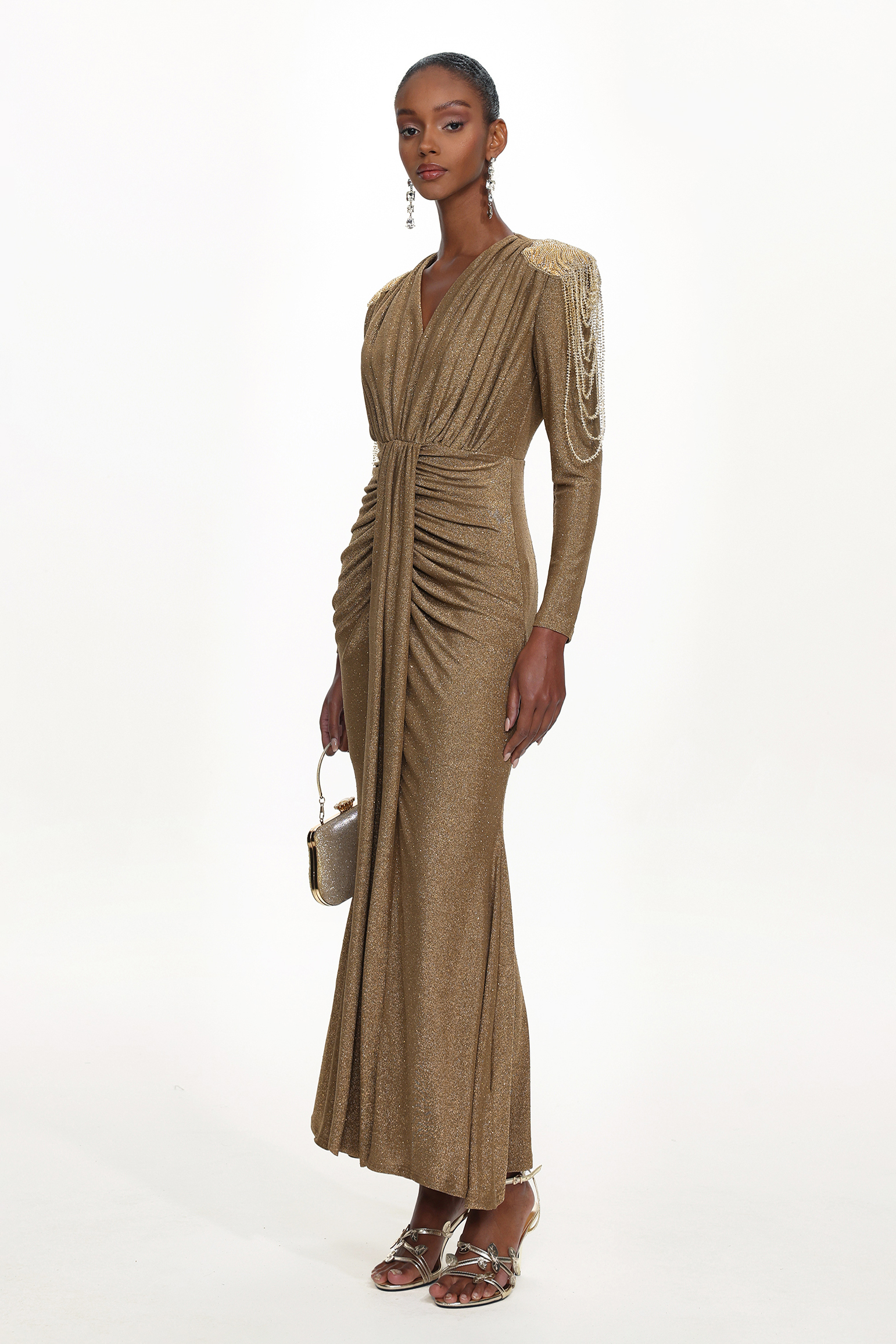 Suri Elegant Contour V Neck Long Sleeve Beaded Fringe Ruched Knit Maxi Dress