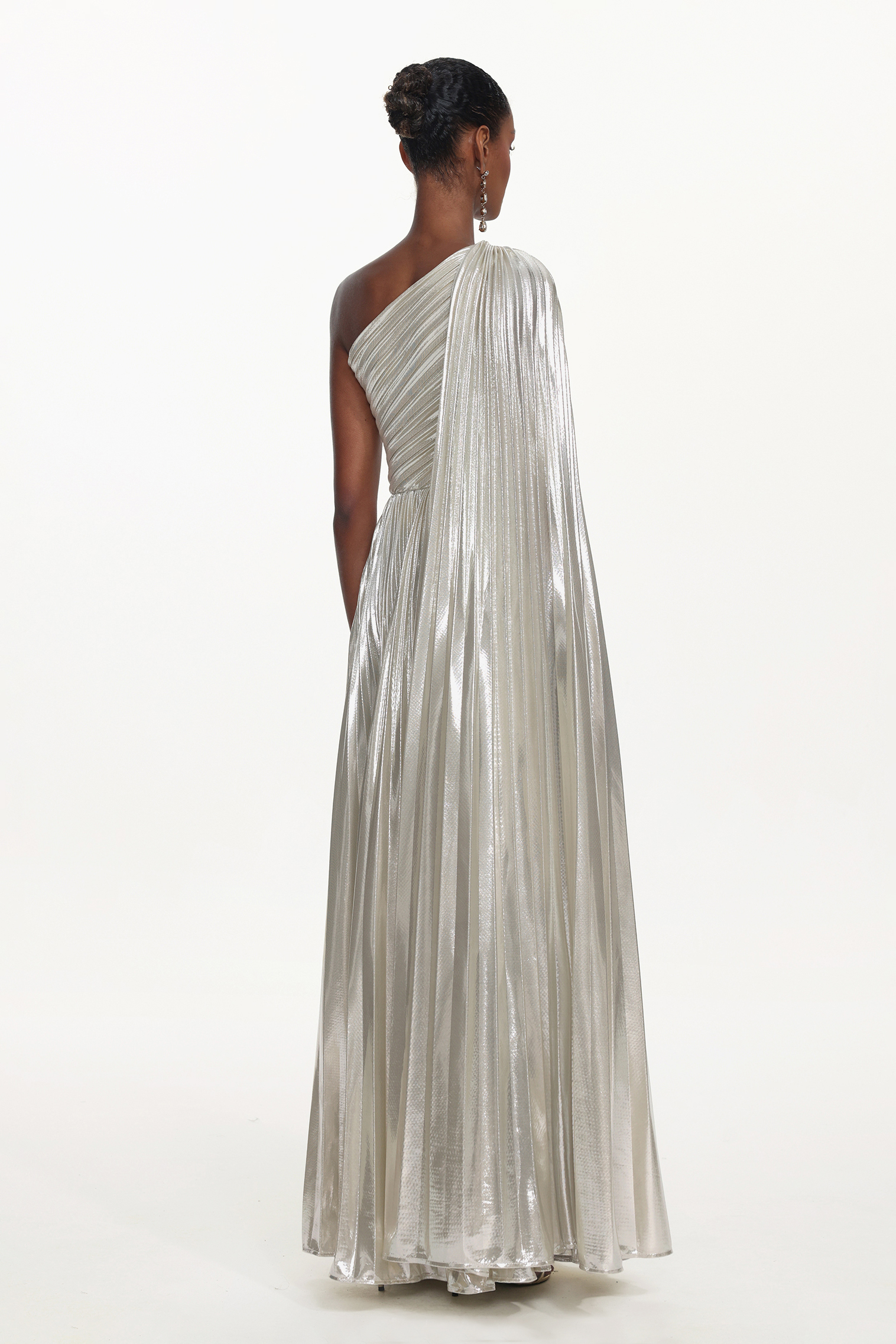 Leyla Glamorous Contour One Shoulder Drape Pleated Metallic Maxi Dress