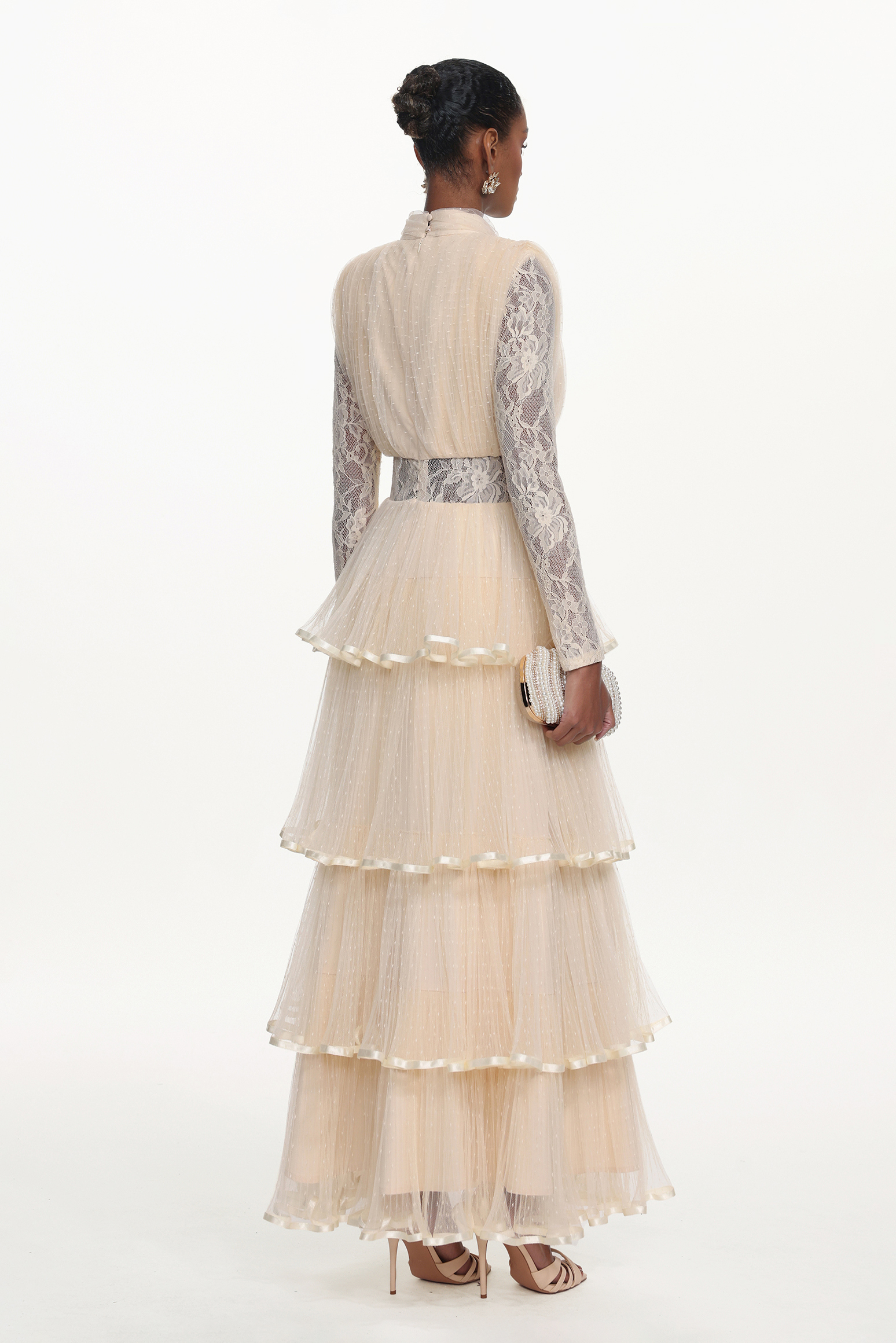 Yannei Romantic Flowy Long Sleeve Lace Tiered Tulle Maxi Dress