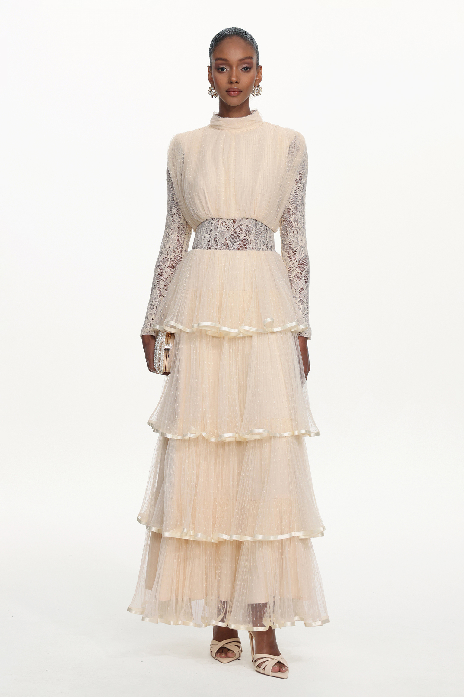 Yannei Romantic Flowy Long Sleeve Lace Tiered Tulle Maxi Dress