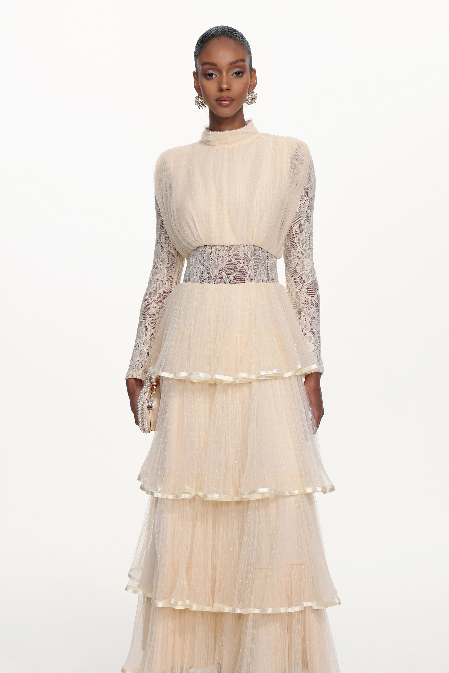 Yannei Romantic Flowy Long Sleeve Lace Tiered Tulle Maxi Dress