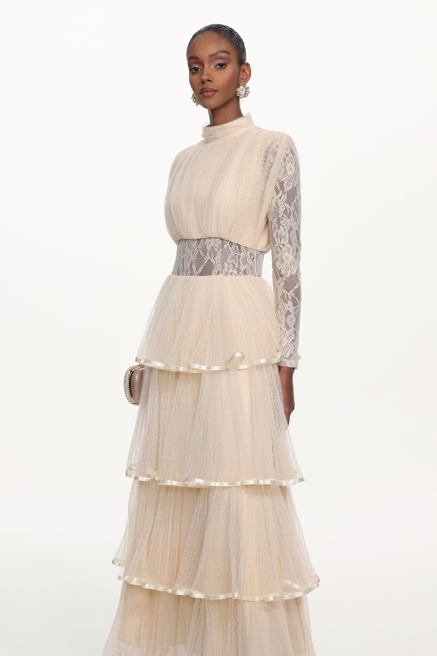 Yannei Romantic Flowy Long Sleeve Lace Tiered Tulle Maxi Dress