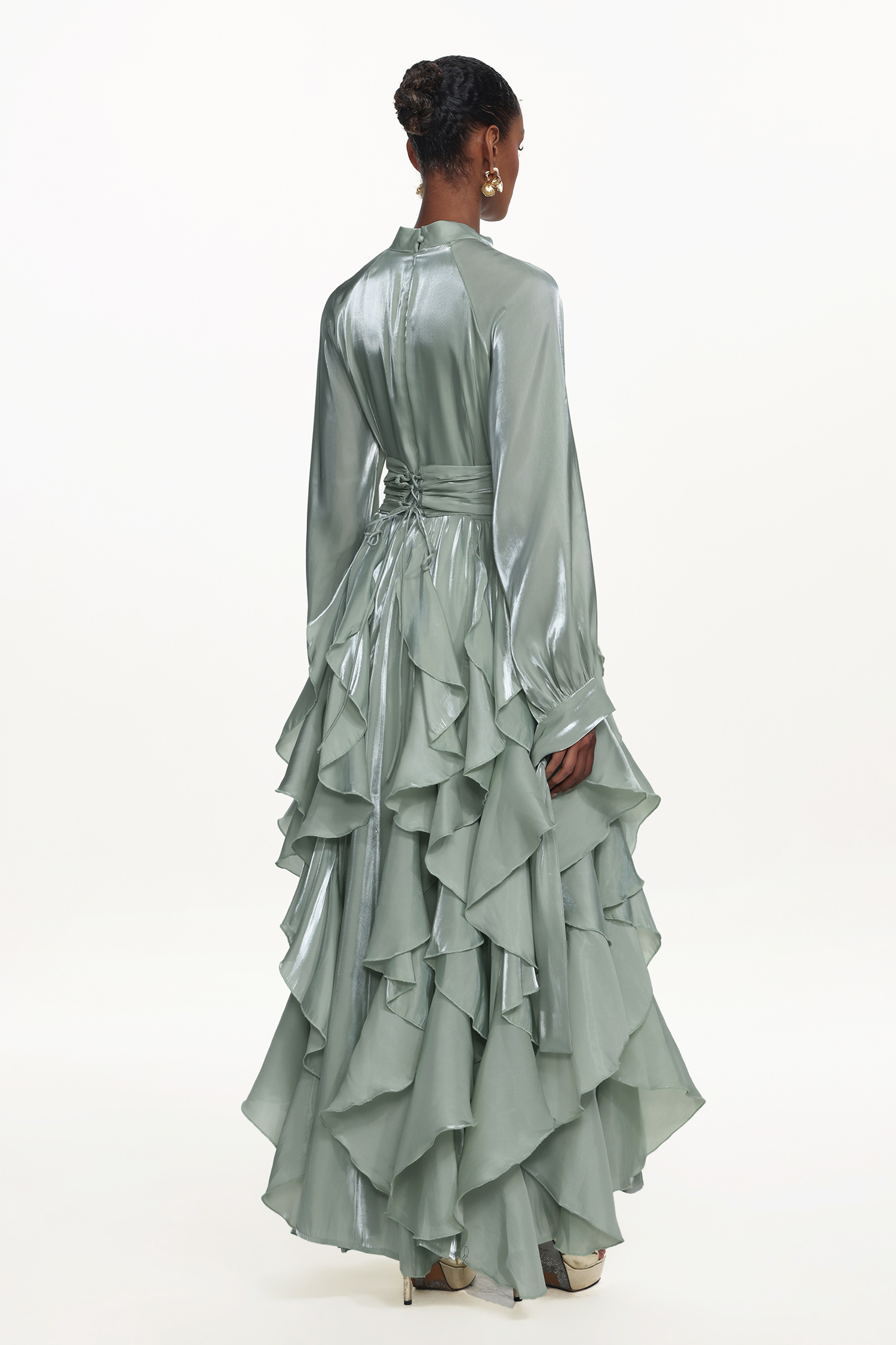 Grasa Elegant Flowy Long Sleeve Pleated Ruffle Maxi Dress