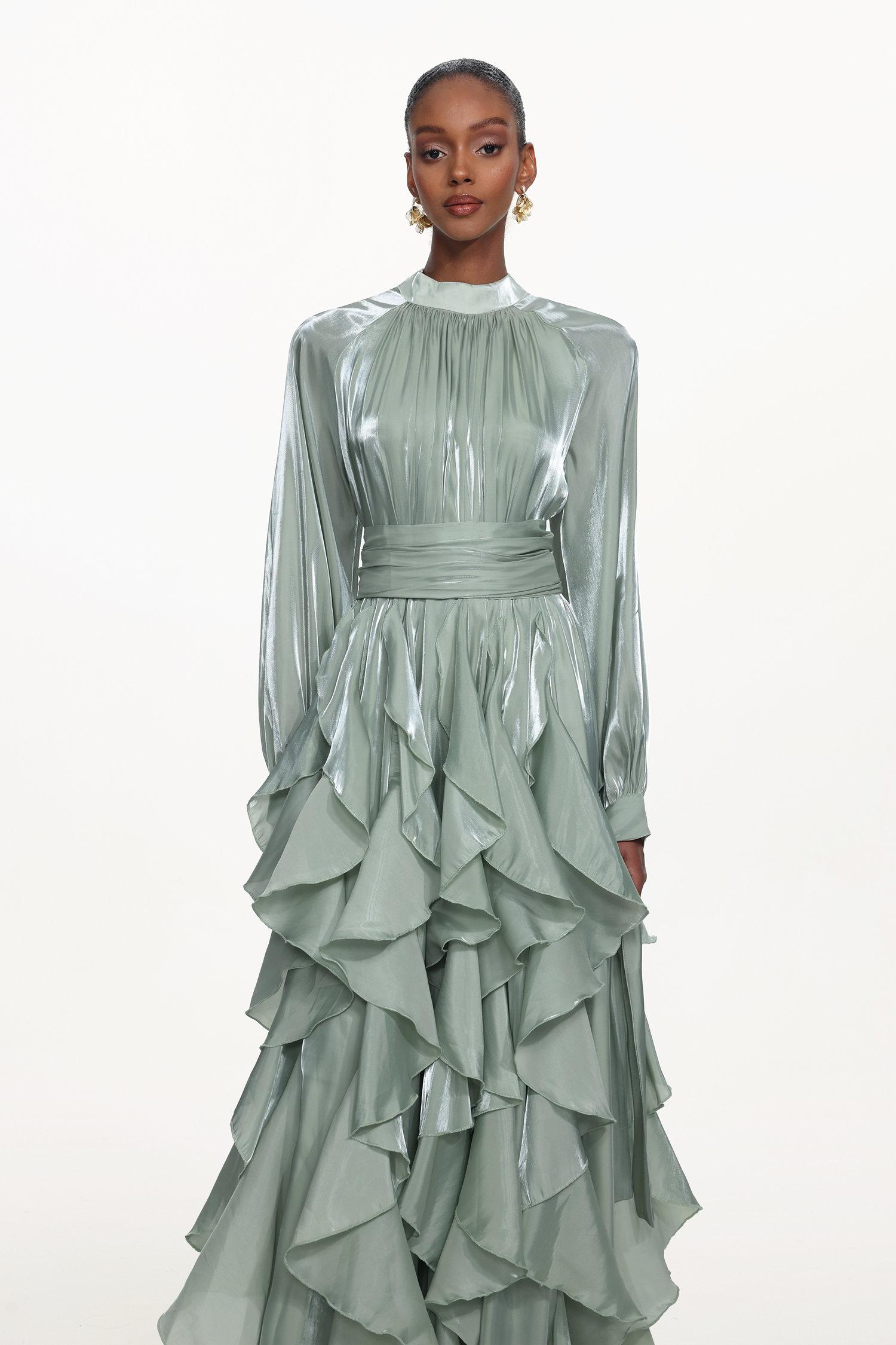 Grasa Elegant Flowy Long Sleeve Pleated Ruffle Maxi Dress