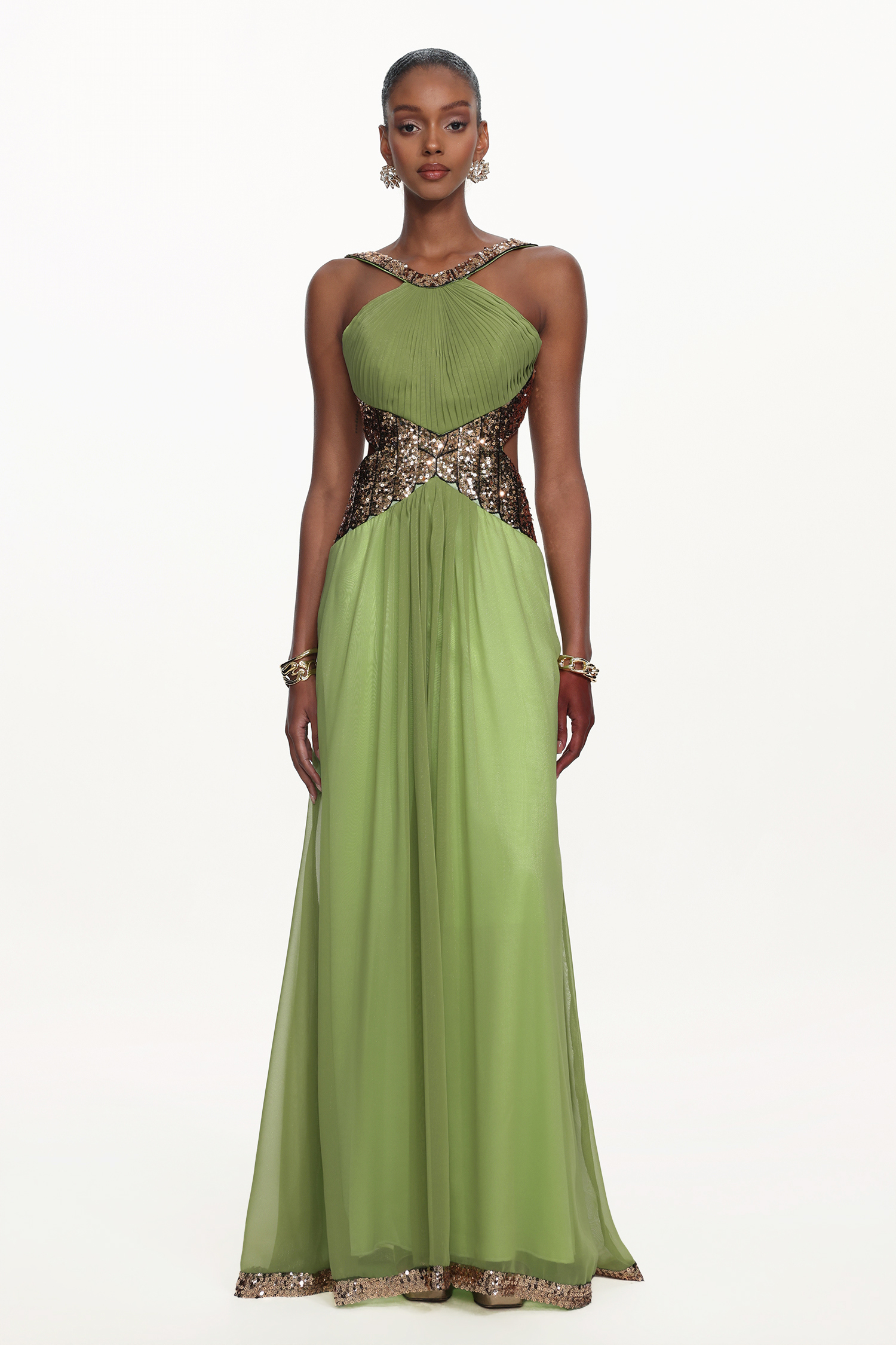 Melisa Chic Flowy Halter Pleated Cut Out Sequin Maxi Dress