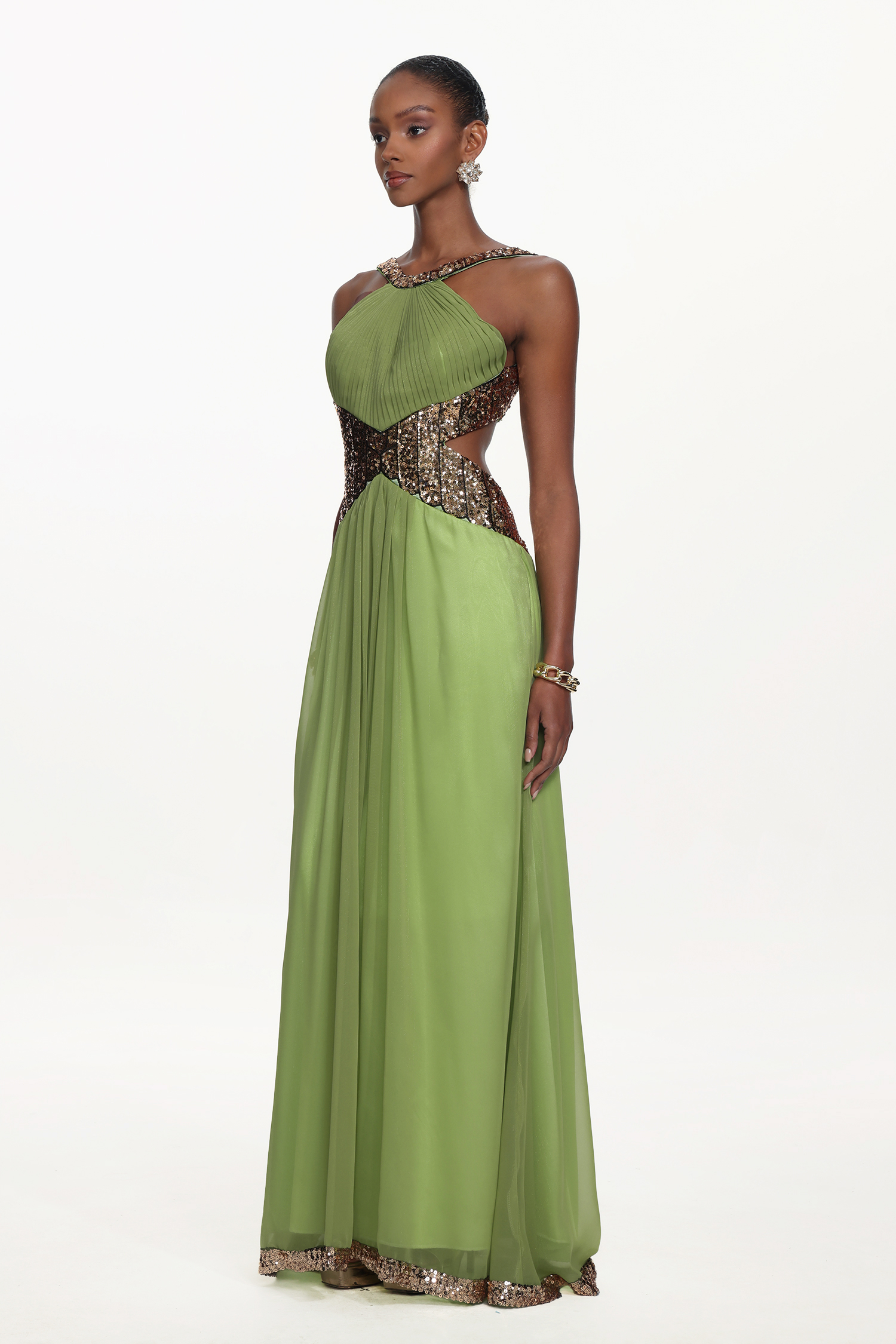 Melisa Chic Flowy Halter Pleated Cut Out Sequin Maxi Dress