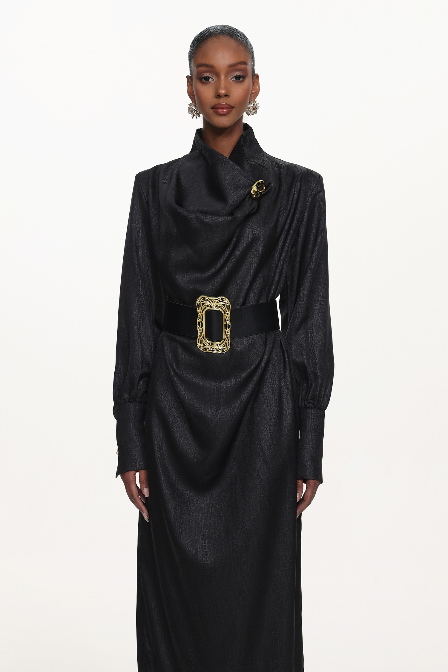 Indi Chic Contour Cowl Neck Long Sleeve Belted Maxi Dress