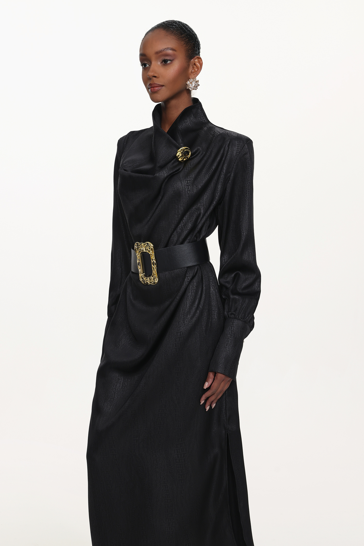 Indi Chic Contour Cowl Neck Long Sleeve Belted Maxi Dress