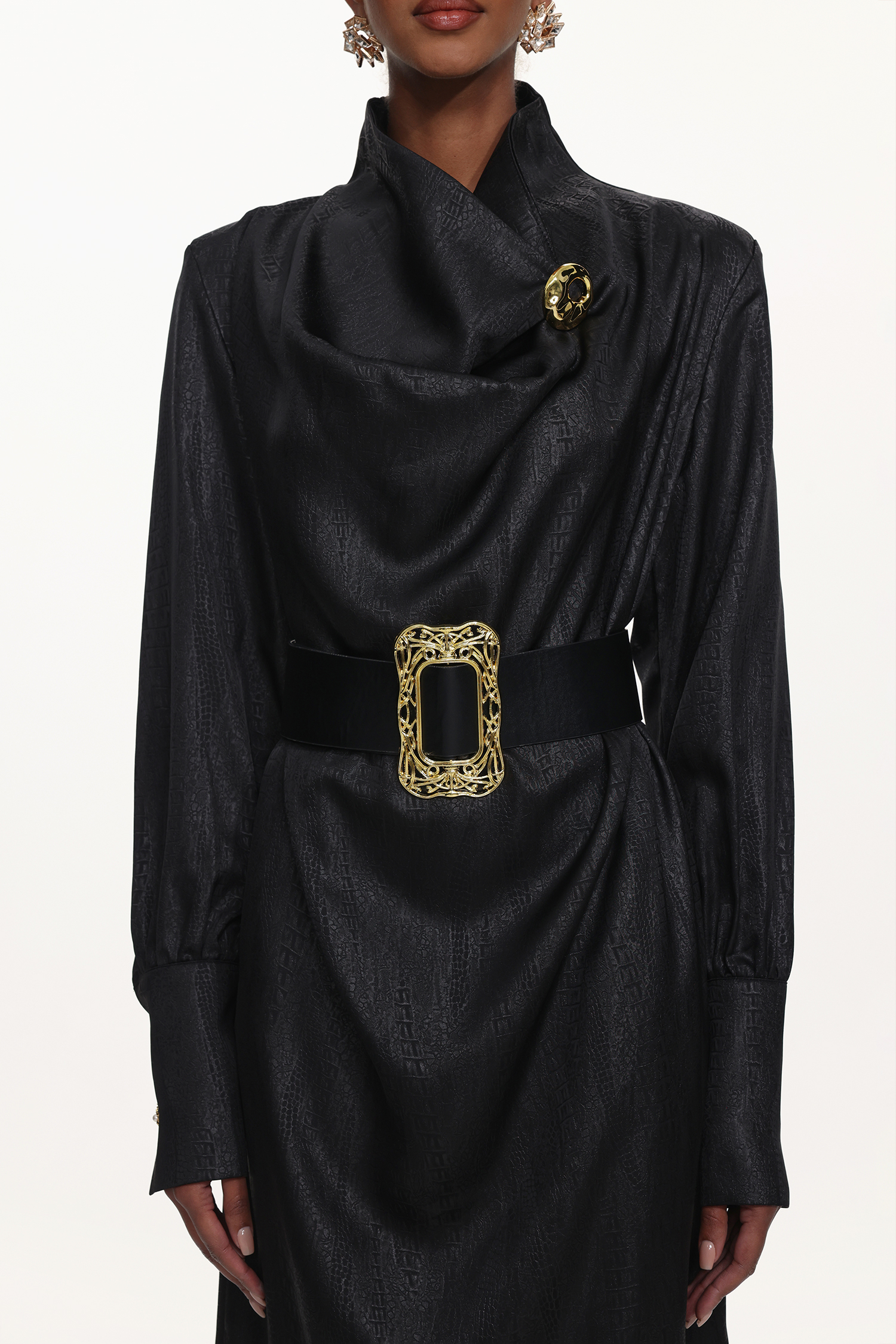 Indi Chic Contour Cowl Neck Long Sleeve Belted Maxi Dress