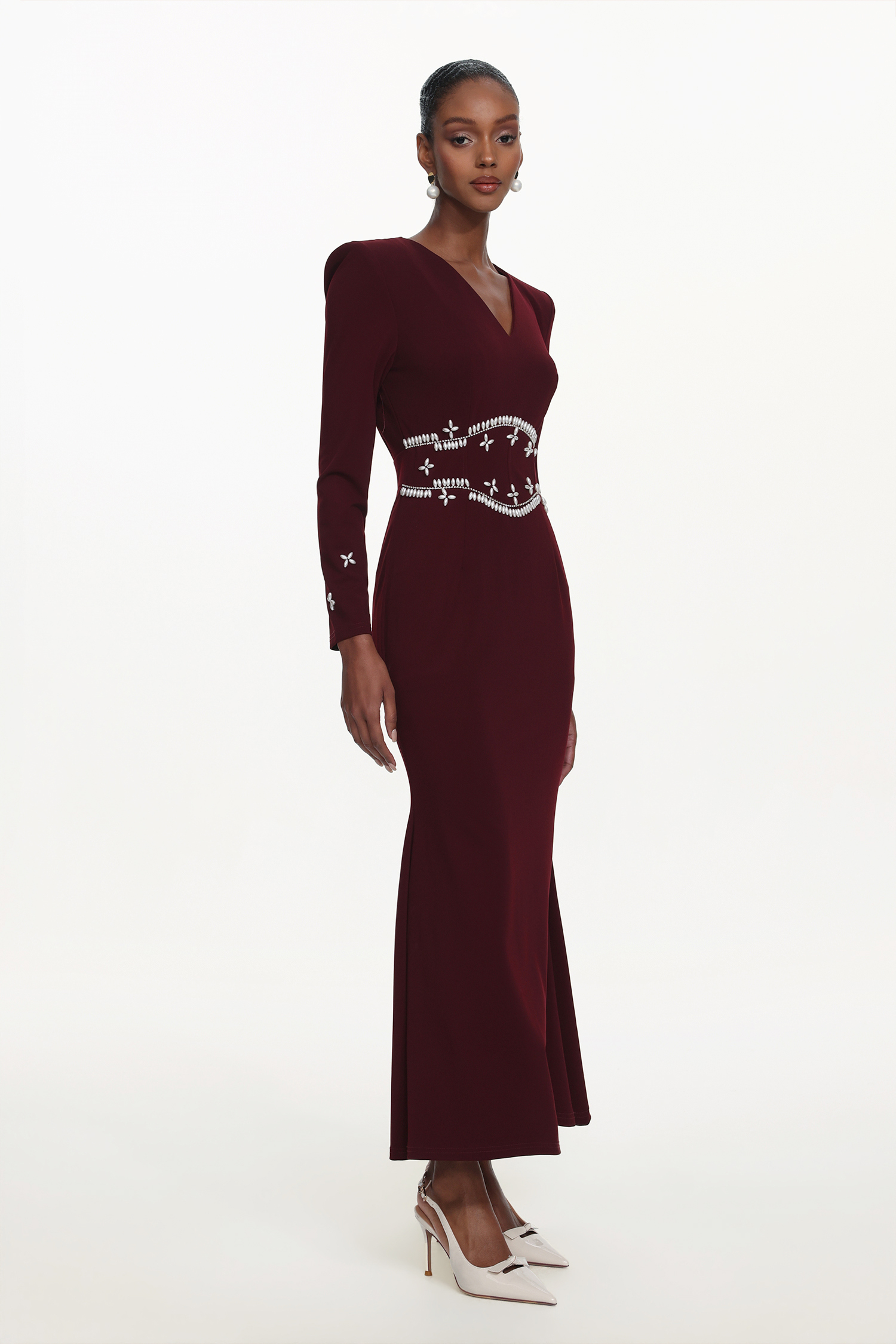 Romita Elegant Tailored V Neck Long Sleeve Pearl Maxi Dress