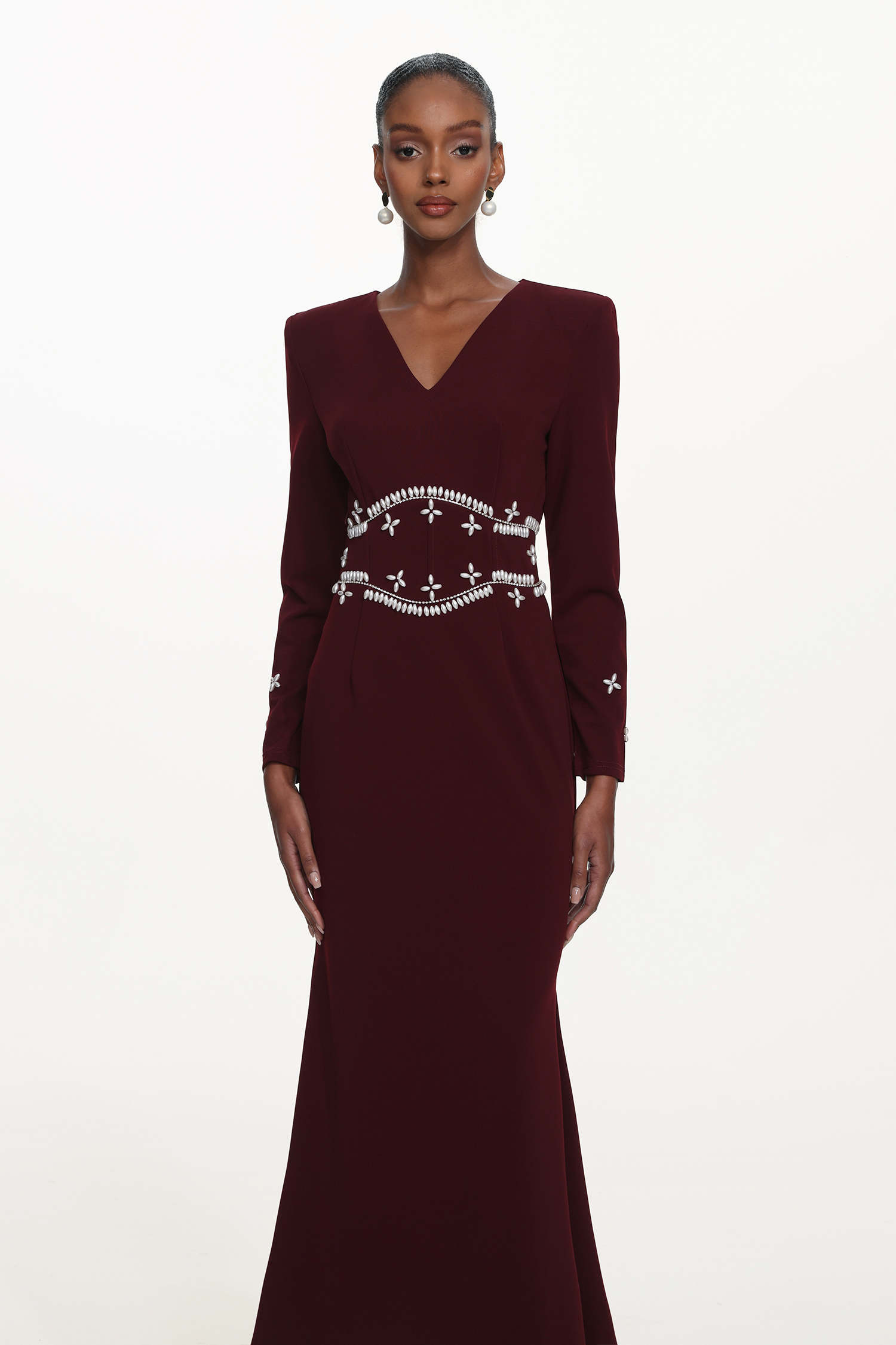 Romita Elegant Tailored V Neck Long Sleeve Pearl Maxi Dress