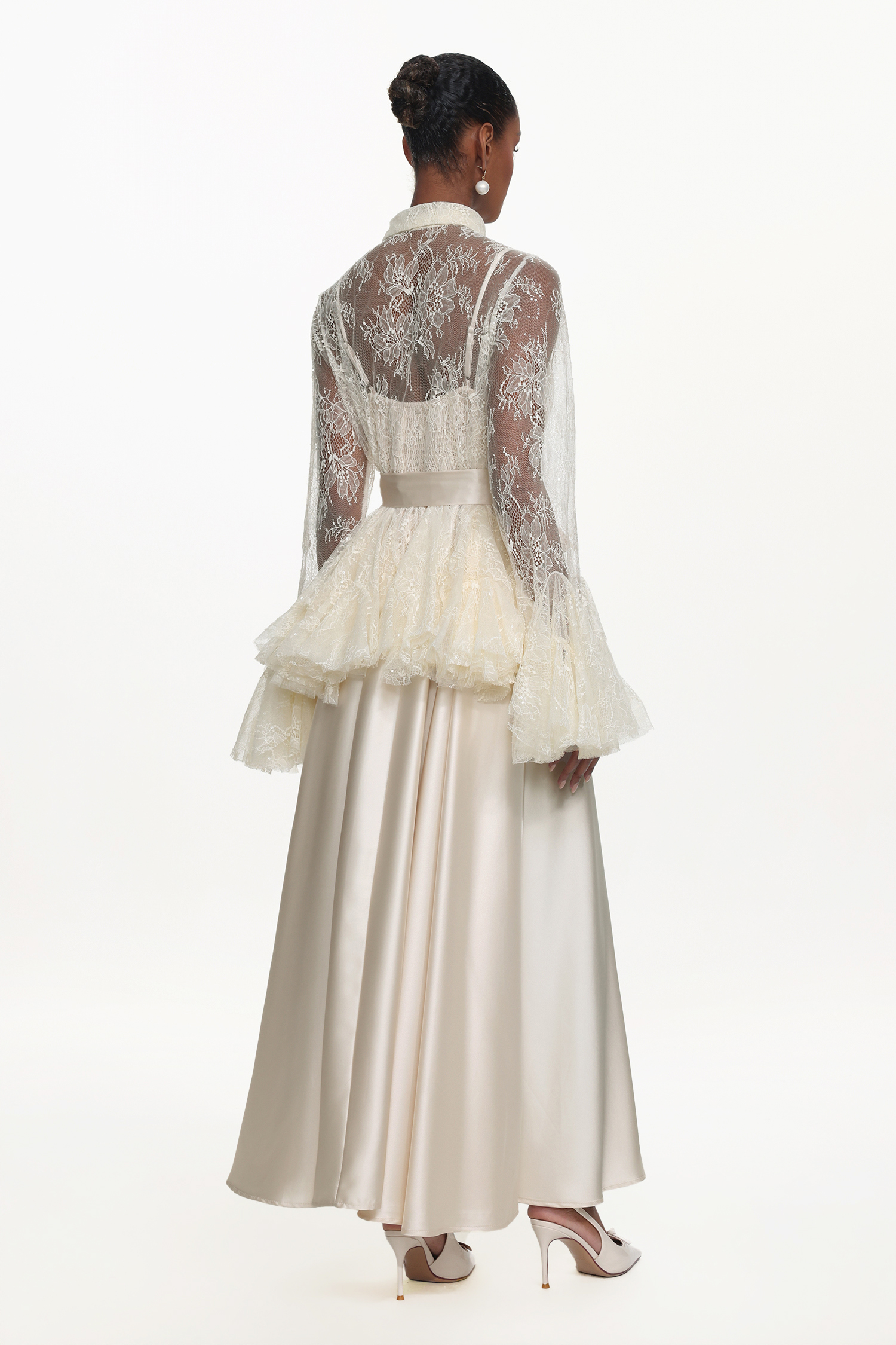 Diliy Romantic Flowy Long Sleeve Lace Shirt and Satin Dress Set