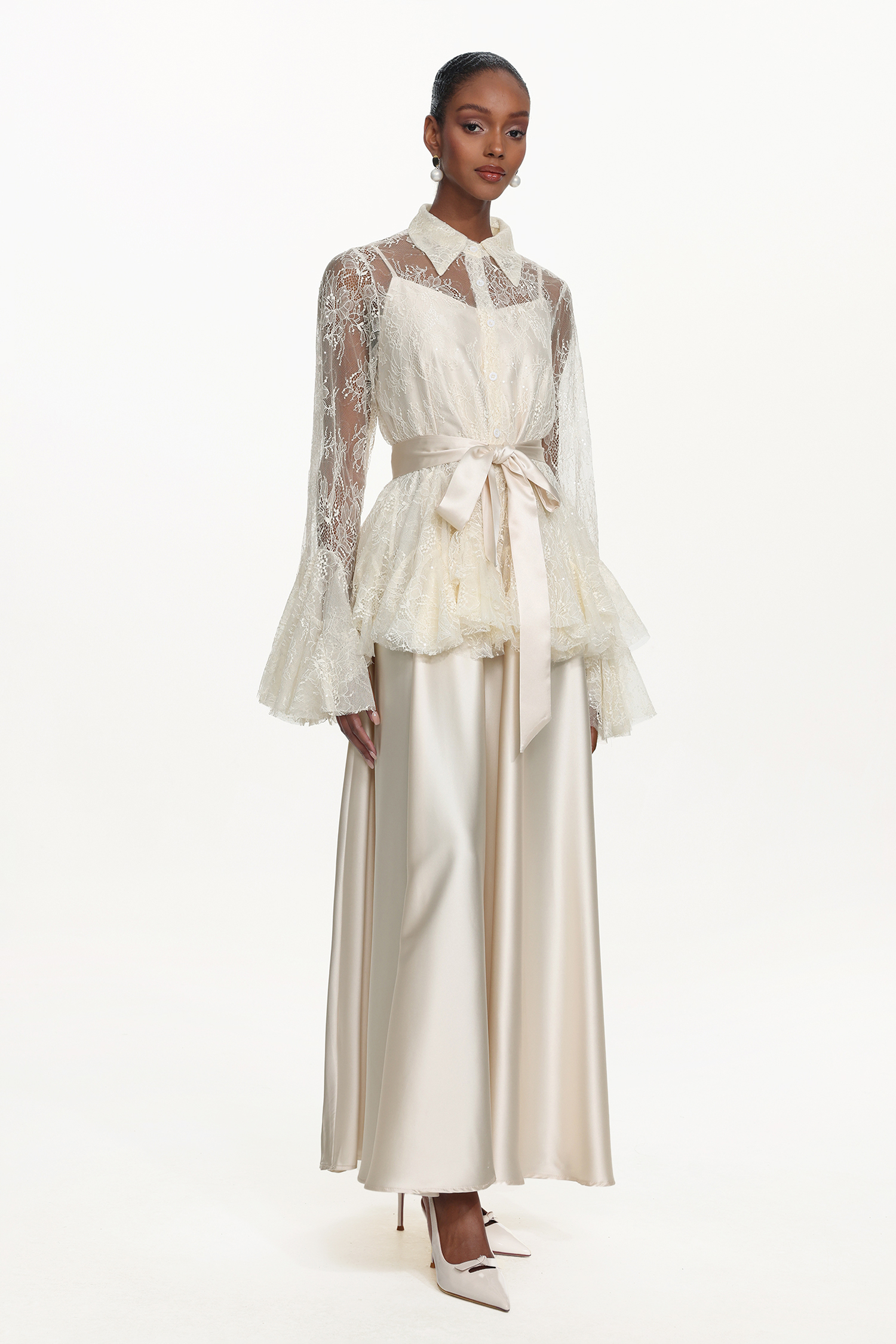 Diliy Romantic Flowy Long Sleeve Lace Shirt and Satin Dress Set