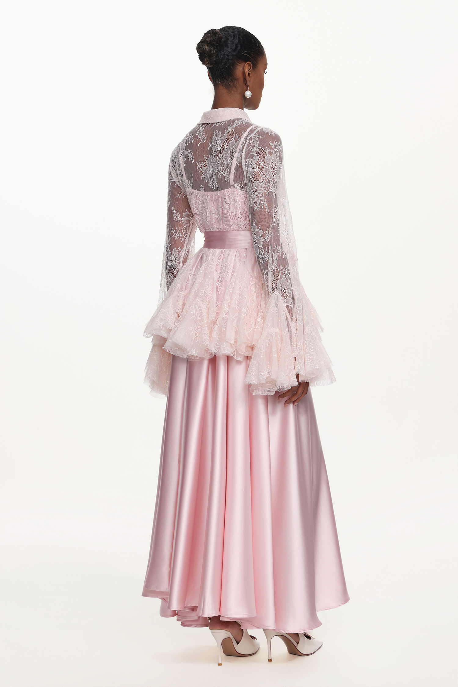 Diliy Romantic Flowy Long Sleeve Lace Shirt and Satin Dress Set