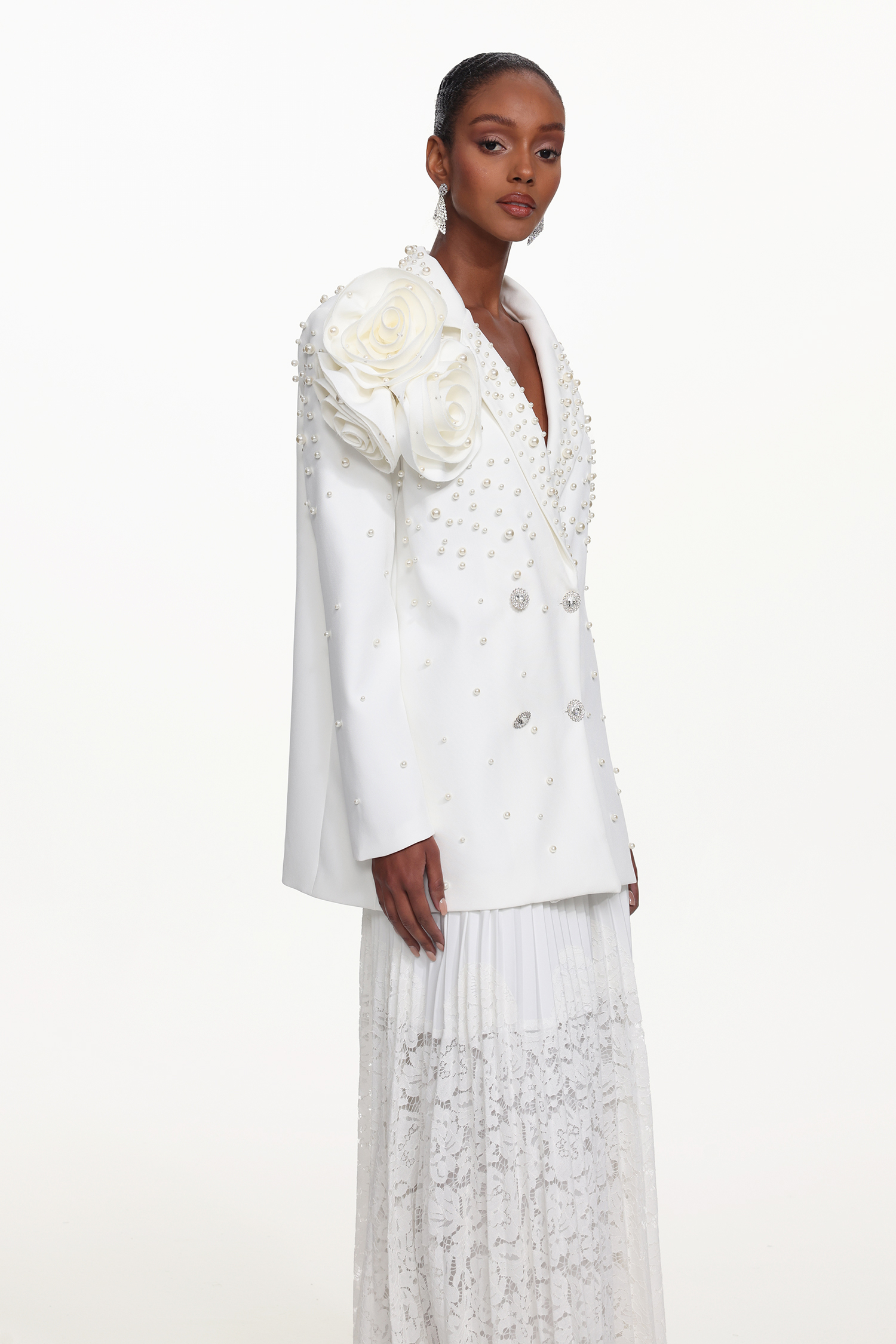 Lavender Romantic Tailored Long Sleeve Floral Pearl Blazer