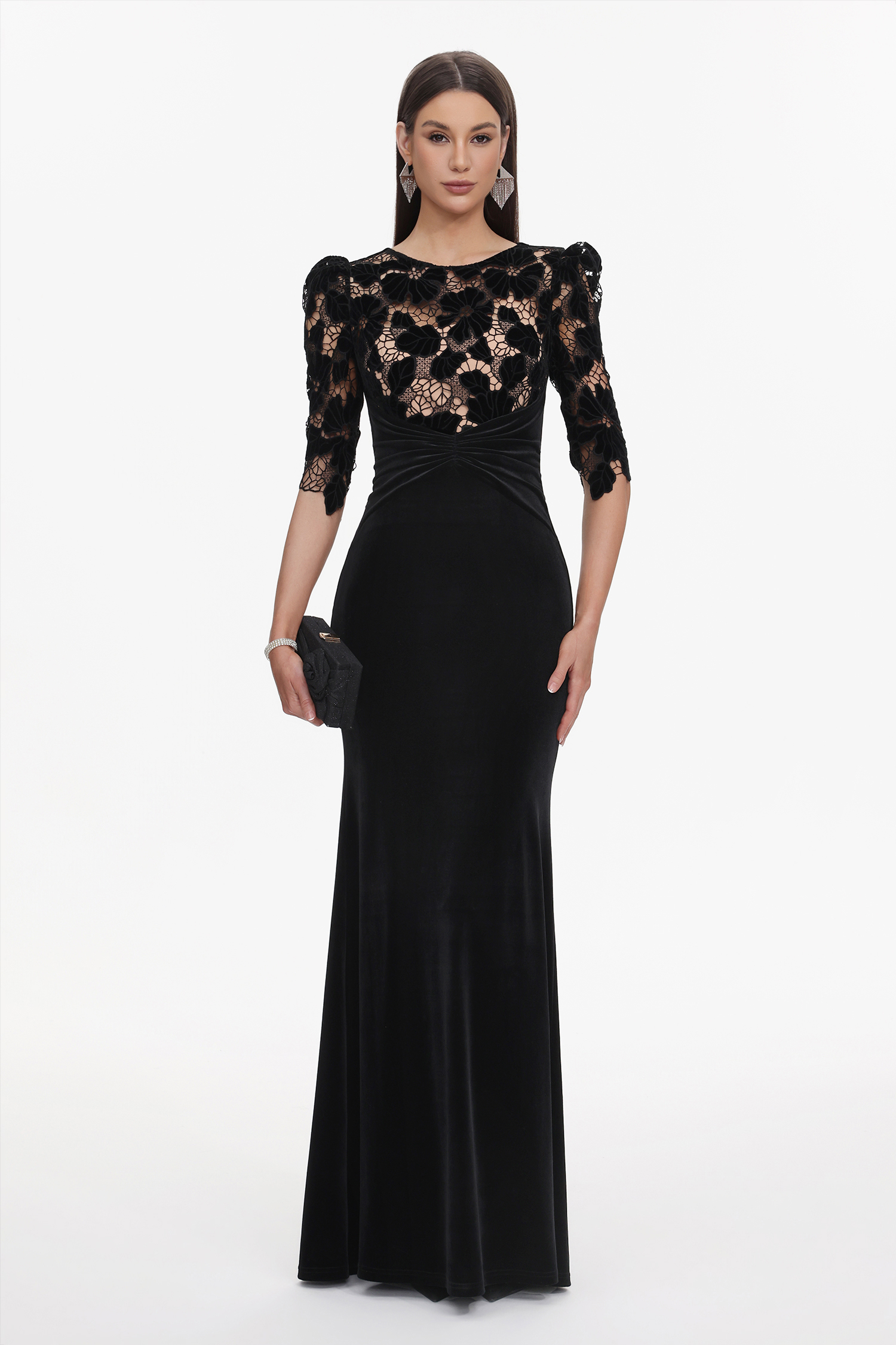 Koper Elegant Contour Half Sleeve Lace Velvet Maxi Dress