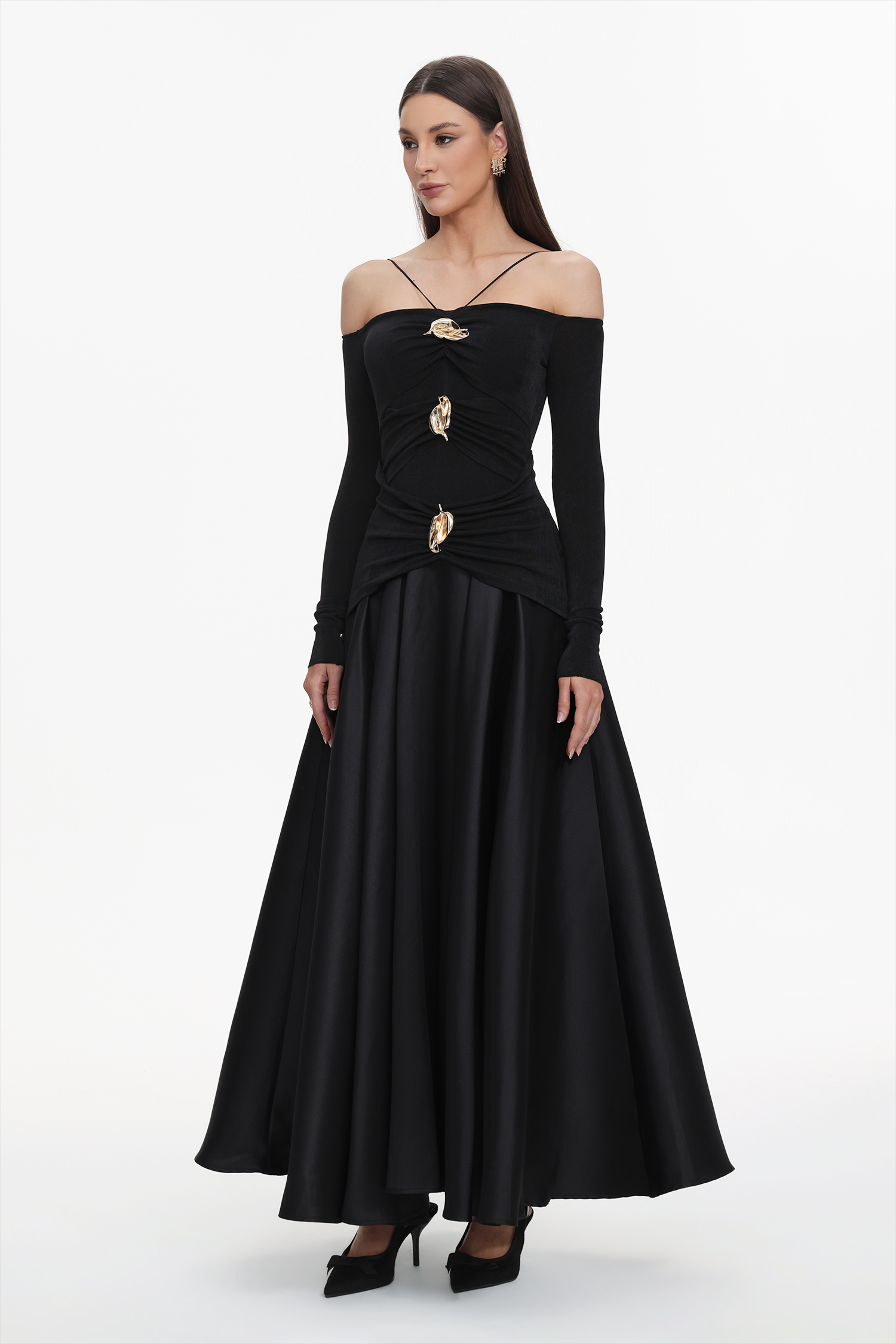 Gusia Halter Off-The-Shoulder Long Sleeves Black Maxi Dress