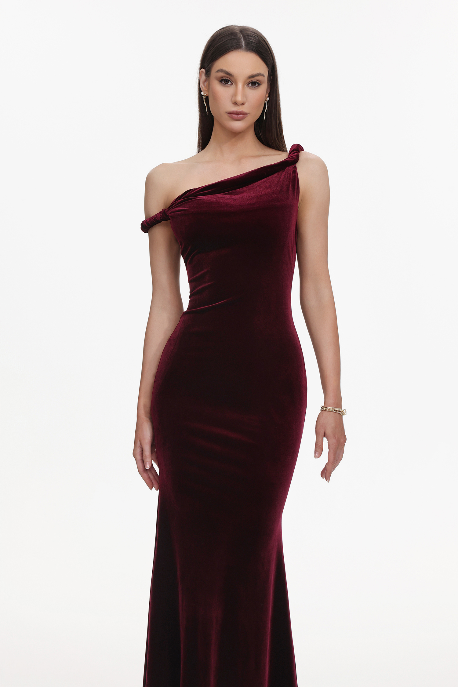 Tafari Romantic Contour Asymmetric Twist Velvet Maxi Dress