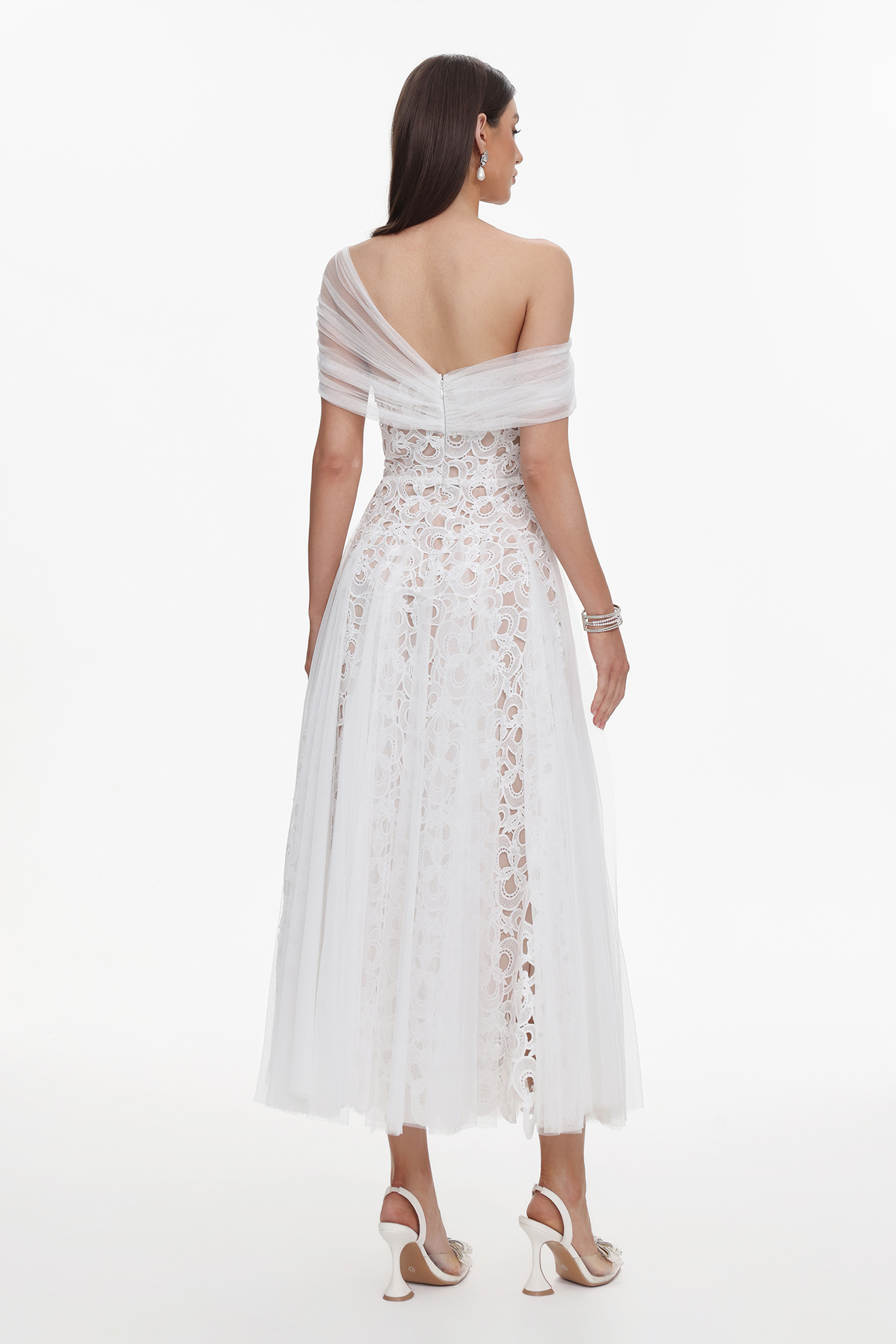 Yvonne Elegant Tailored Off Shoulder Lace Tulle Maxi Dress