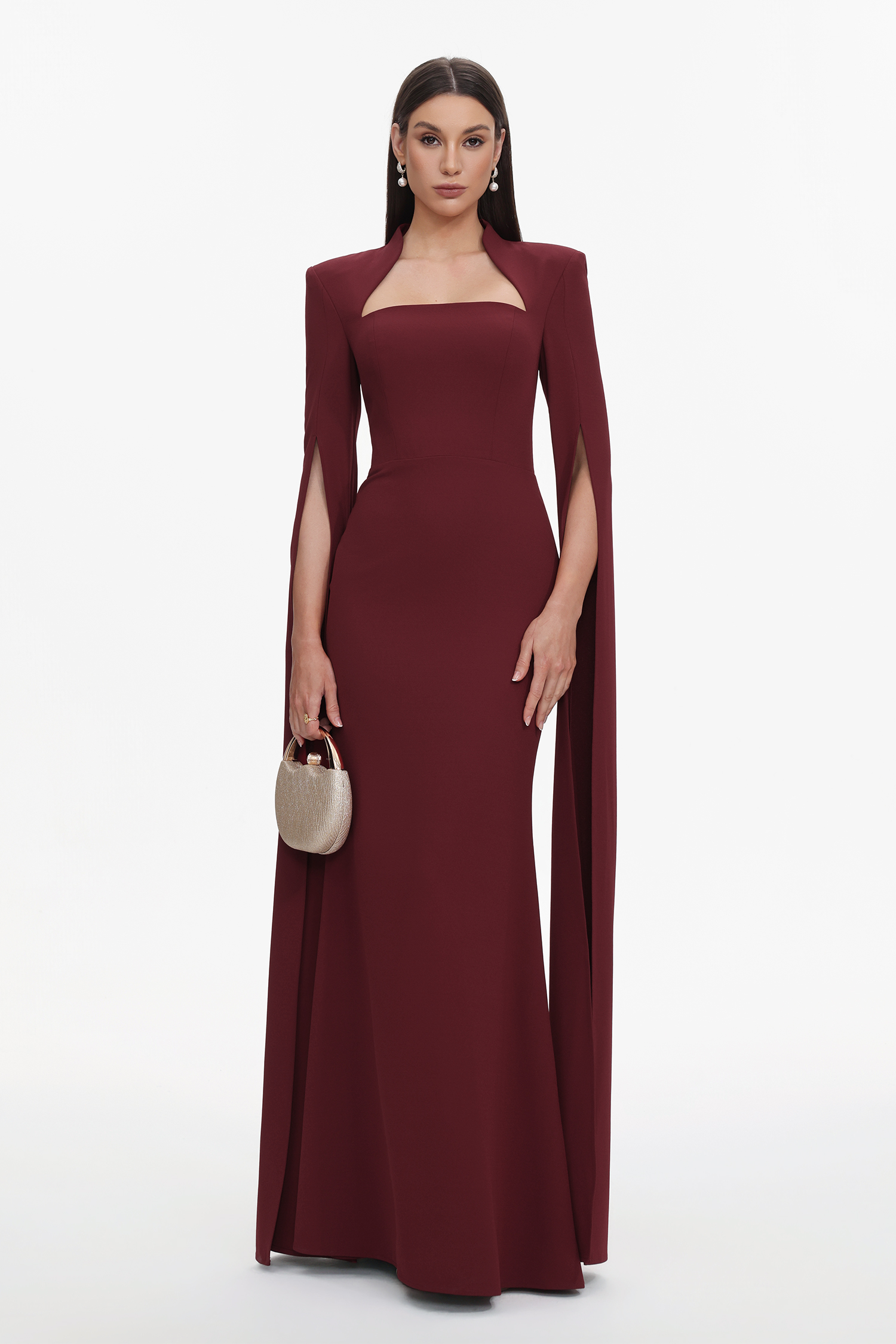 Werko Elegant Tailored Square Neck Cape Sleeve Woven Maxi Dress