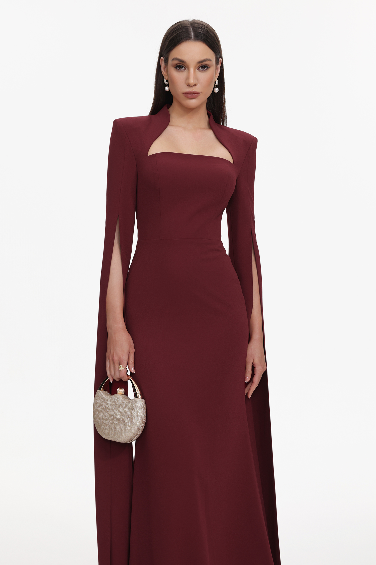 Werko Elegant Tailored Square Neck Cape Sleeve Woven Maxi Dress