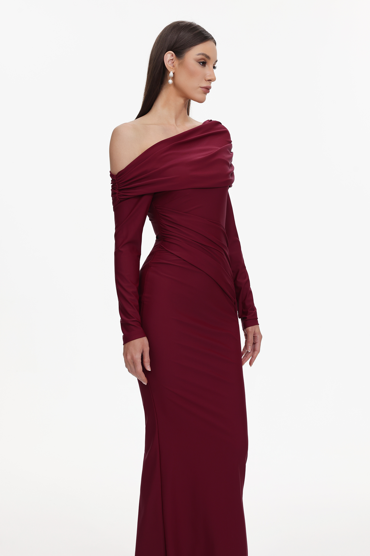 Emory Elegant Contour One Shoulder Long Sleeve Ruched Knit Maxi Dress