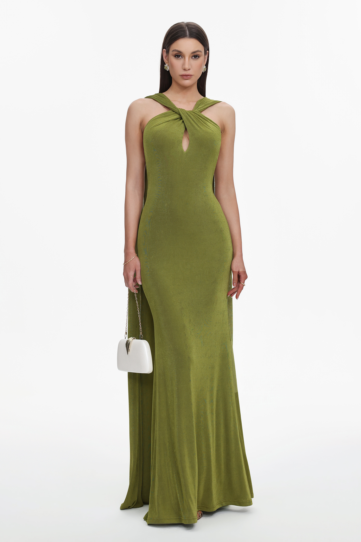 Romelle Elegant Contour Twist Halter Cape Cut Out Maxi Dress
