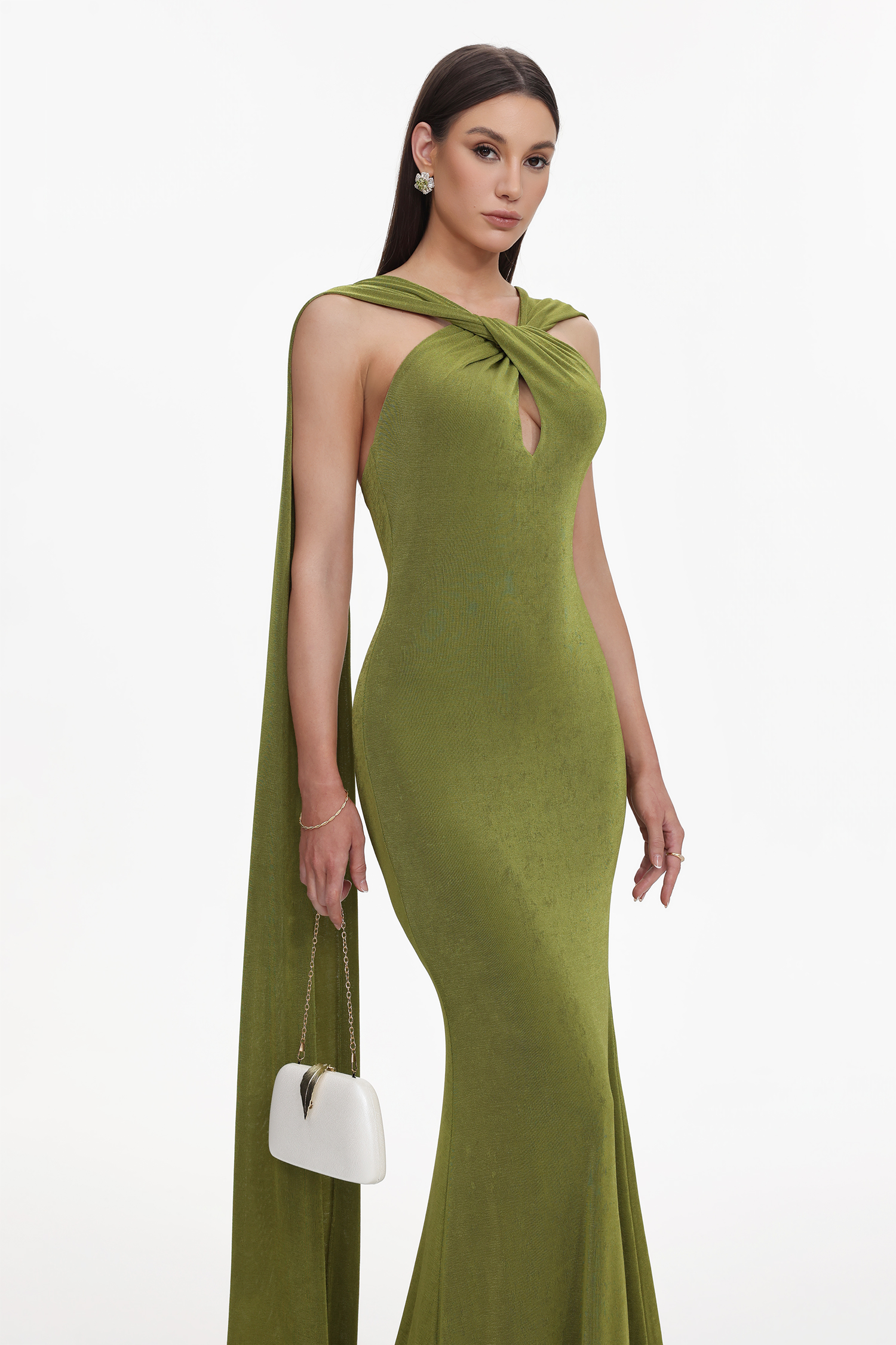 Romelle Elegant Contour Twist Halter Cape Cut Out Maxi Dress
