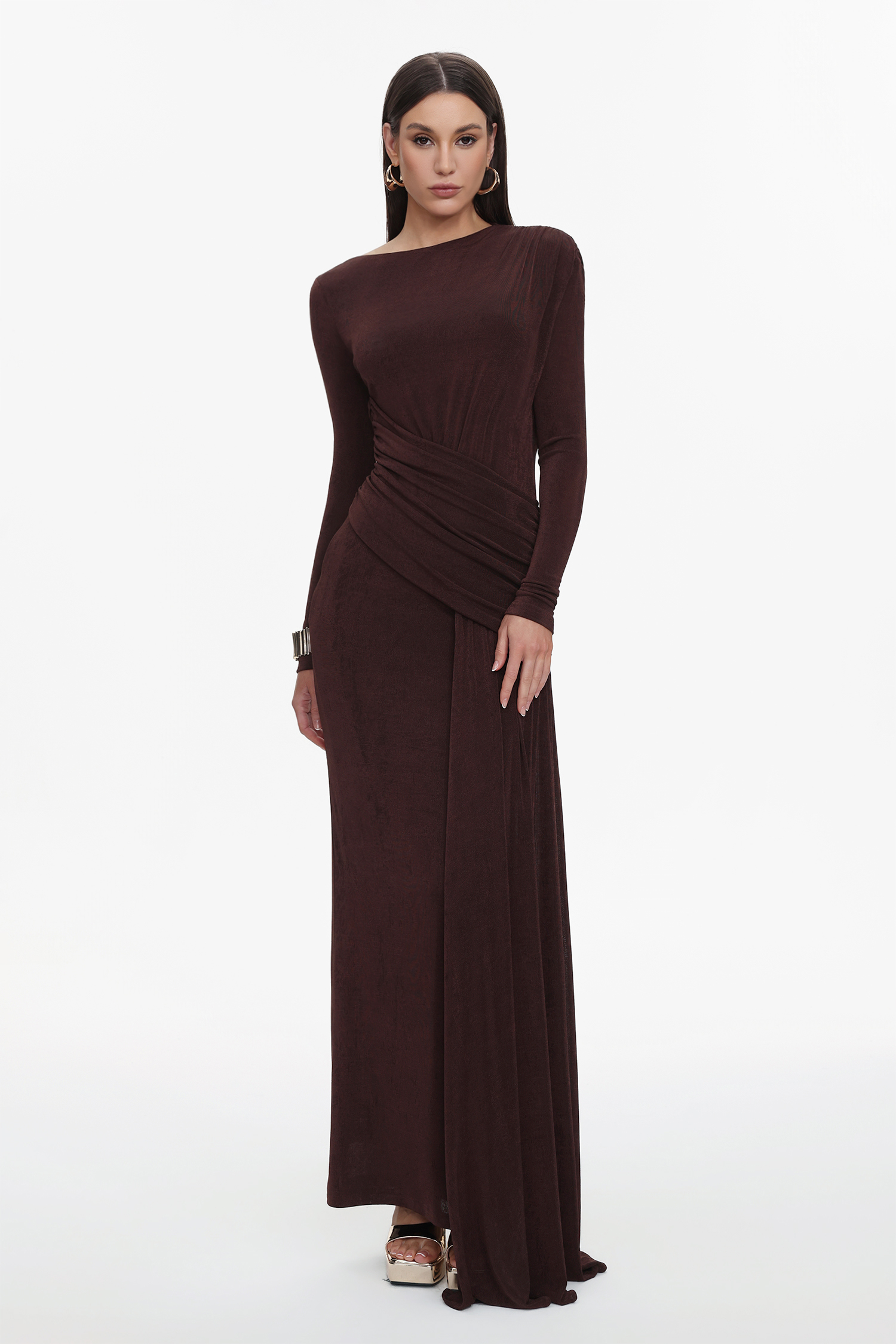 Skyler Elegant Contour Long Sleeve Ruched High Slit Knit Brown Maxi Dress