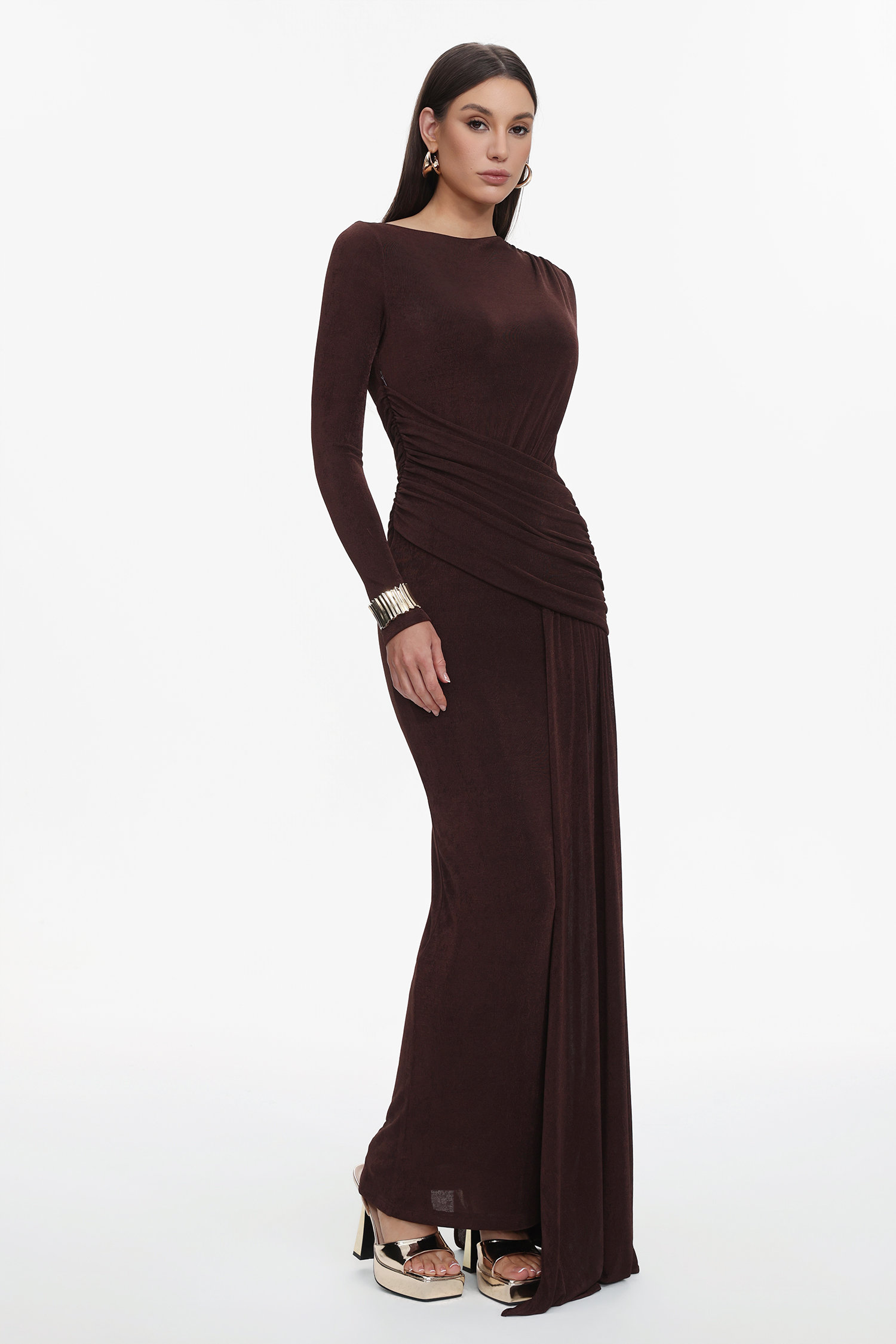 Skyler Elegant Contour Long Sleeve Ruched High Slit Knit Brown Maxi Dress
