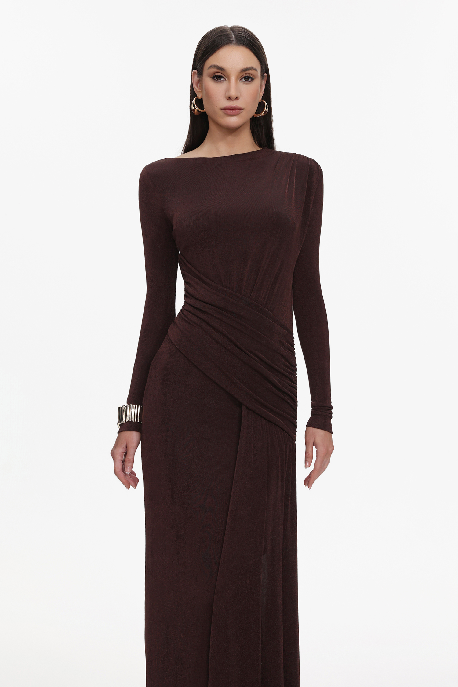 Skyler Elegant Contour Long Sleeve Ruched High Slit Knit Brown Maxi Dress